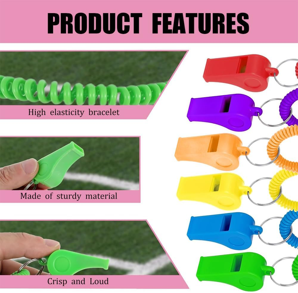 6 Pcs Loud Plastic Sports Whistles with Stretchable Coil Wrist Keychain Ring - Ideal for Coaches, Referees, Lifeguards, and Emergency Use in 6 Vibrant Colors image number 6