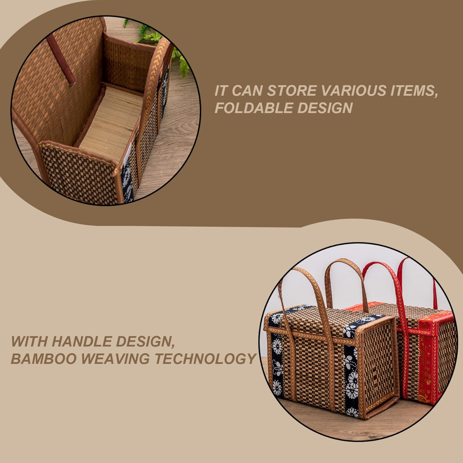 Bamboo Shopping Basket with Lid 14X6X10 Foldable Woven Picnic Bag with Floral Trim & Carry Handle image number 5