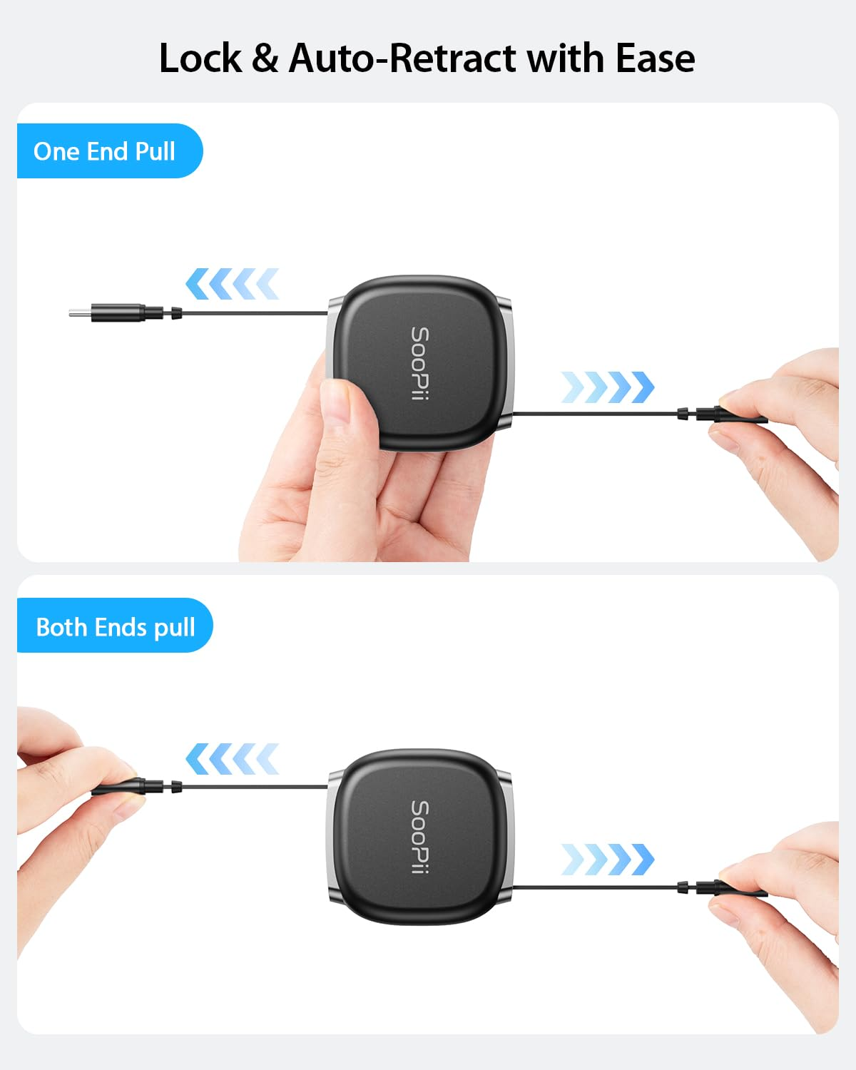 Soopii USB C to USB C Cable, 240W Retractable USB C Fast Charging Cable with Mag Snap Storage, 5-Stage Length Preset Type C Cable for Lphone 16/15 Pro Max, Galaxy S25/24 (Black 3.3FT) image number 6