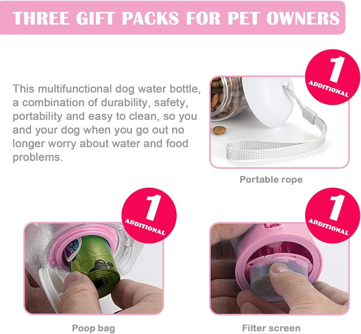 Dog Water Bottle with Food Container & Poop Bag Holder, Portable Pet Dispenser, Dog Stuff Accessories Items, Puppy Essentials Necessities for Yorkie Chihuahua Walking Hiking (Pink) image number 6