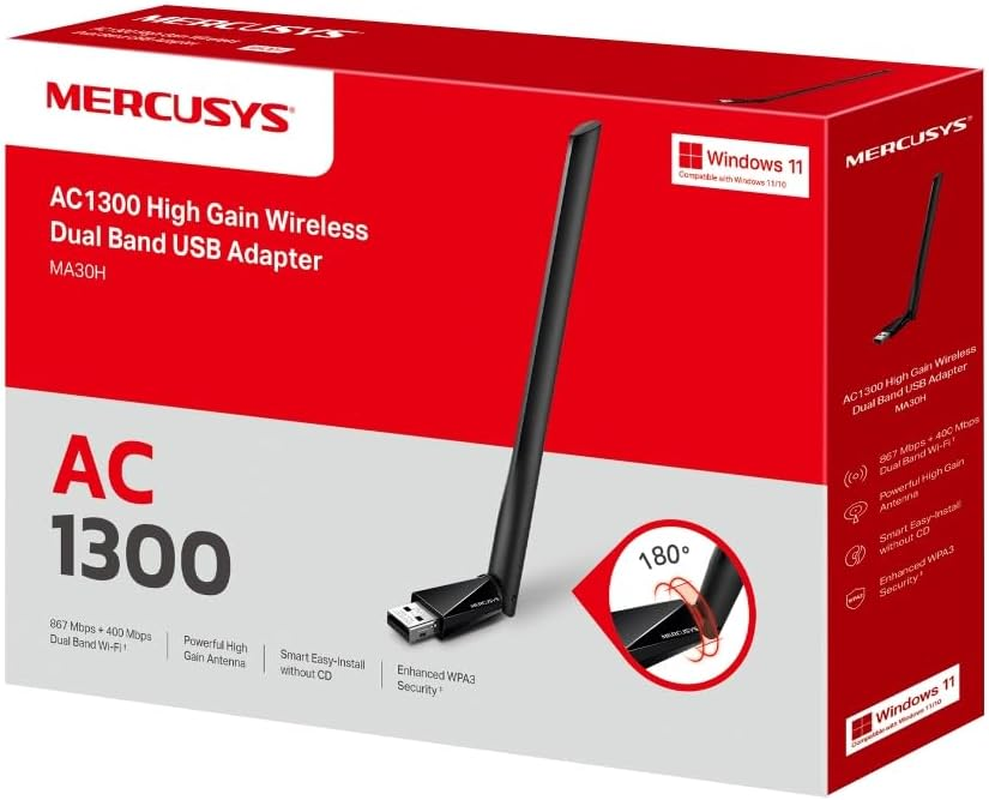 Mercusys AC1300 High Gain Wireless USB Adapter, Dual Band, Plug and Play, MU-MIMO, WPA3 Security, Adjustable Multi-Directional Antenna, Compatible with Windows 10/11 (MA30H) image number 2