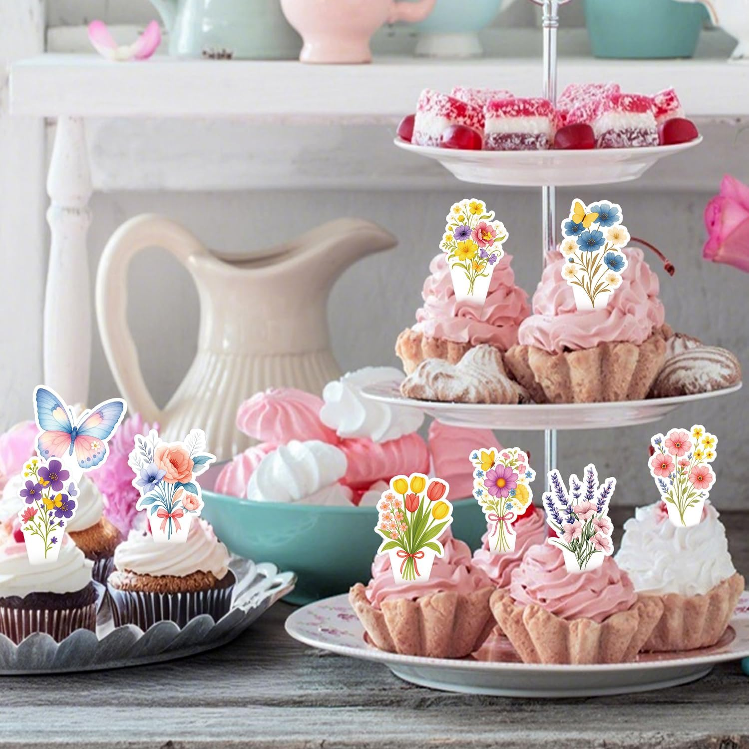 45Pcs Wildflower Cupcake Toppers, 9 Styles Flower & Butterfly Cupcake Toppers Baby in Bloom Floral Cake Picks Ideal Birthday Party Wedding Baby Shower Decoration Supplies image number 6