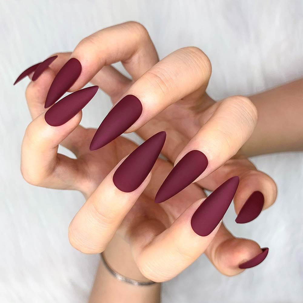 Morily 24Pcs Fake Nails Matte Pure Color Medium Long Stiletto Almond Press on Nail False Tips Artificial Finger Manicure for Women (Wine Red) - French Ombre image number 5
