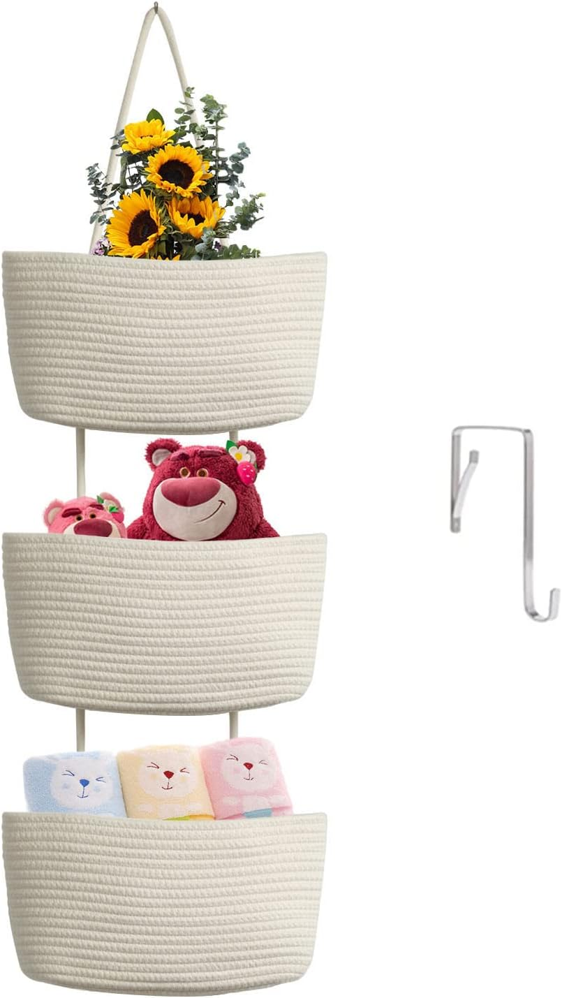 Teokj over the Door Hanging Baskets, 3-Tier Woven Cotton Storage Organizer Bag with Hooks Wall-Mounted Decorative Nursery Kitchen Baskets - White image number 7