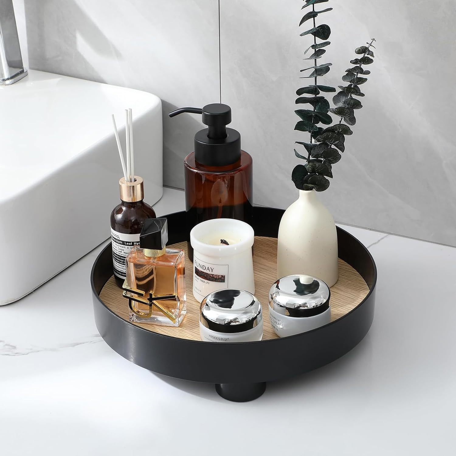 Modern Home Decor round Serving Tray, Black Coffee Table Organizer, 30CM Decorative Display Tray for Bathroom, Kitchen, Dining Table, Dresser image number 5