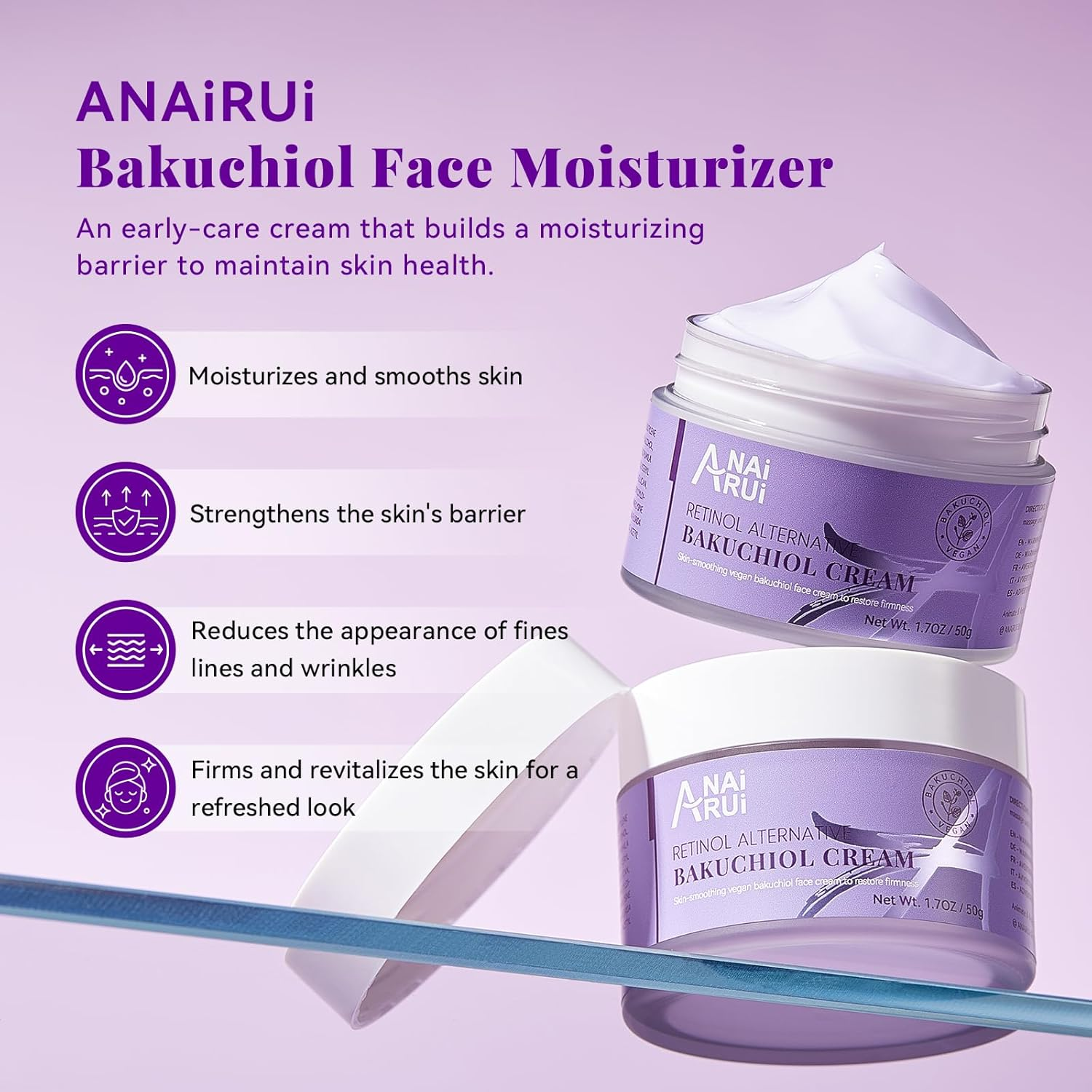 ANAI RUI Bakuchiol Face Cream Moisturizer - Anti-Aging Night Cream, Natural Retinol Alternative with Bakuchiol, Collagen & Squalane - Hydrating Firming Cream for Women - 1.7 Oz image number 1