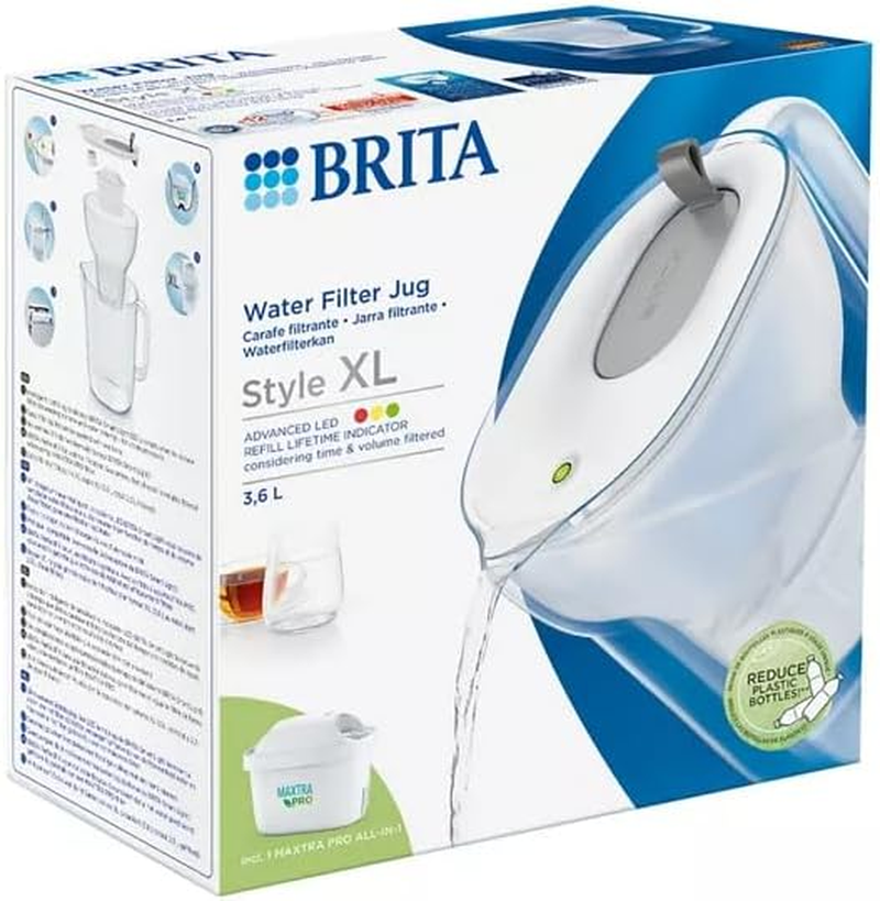 BRITA Style XL Water Filter Jug Grey (3.6L) Incl. 1X MAXTRA PRO Pure Performance Cartridge - Large Volume Design Jug with Smart LED-LTI and Flip-Lid