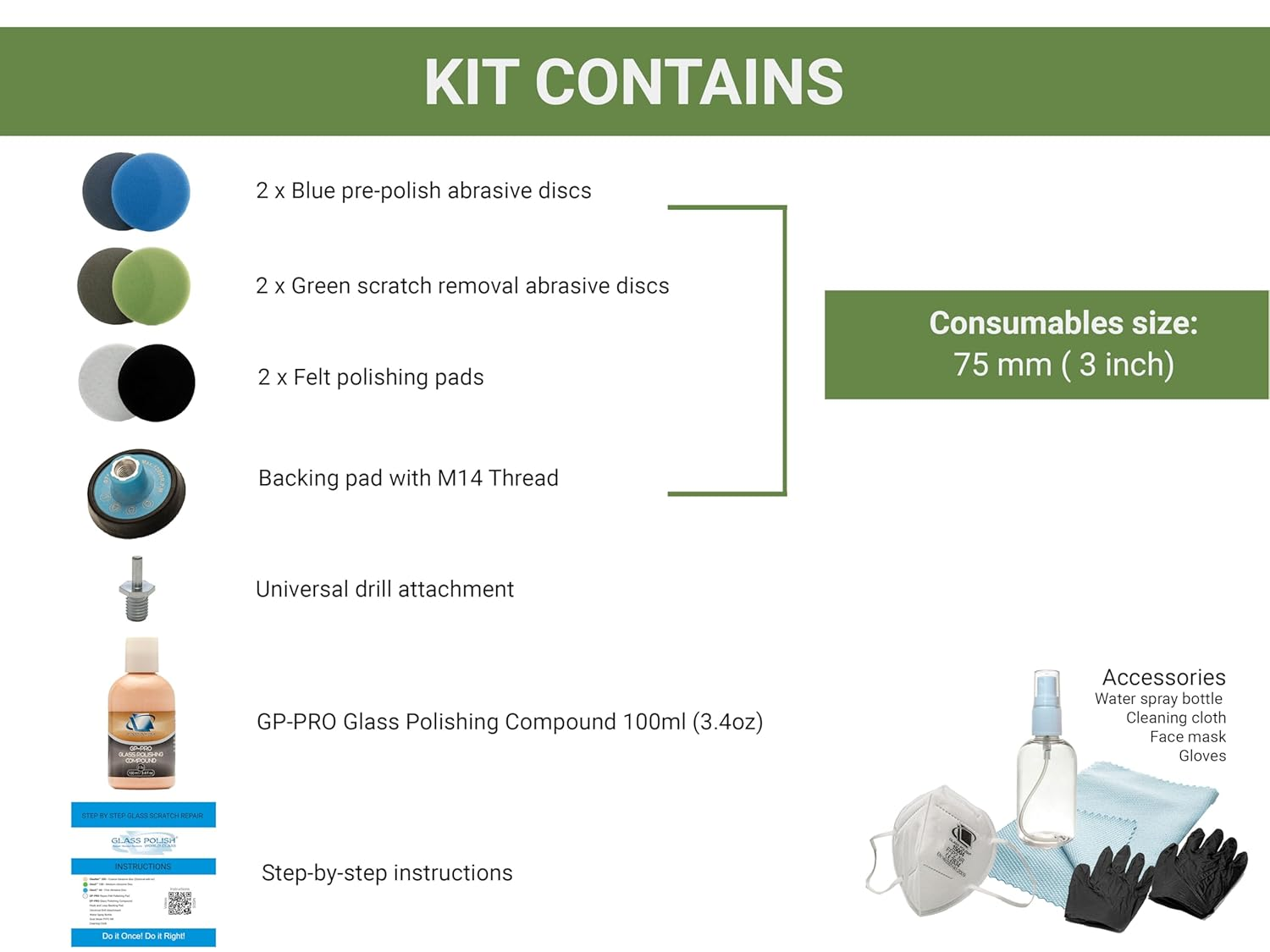 GLASS POLISH DIY 75Mm Windscreen Scratch Removal Kit for All Car Glass, Removes Deep Scratches, Wiper Blade Damage & Haziness, Restores Clear Visibility (Drill or Polisher)