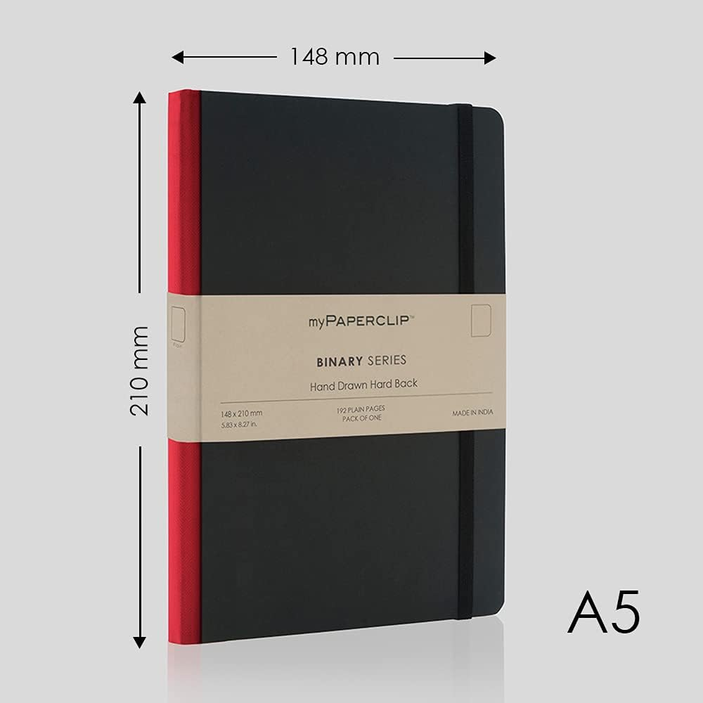 Mypaperclip Binary Series Notebook, Section Thread Bound, Hand Drawn Hard Cover, A5 (148 X 210 Mm, 5.83 X 8.27 In.) Plain, BSH192A5-P Black Hard Cover, Red Spine
