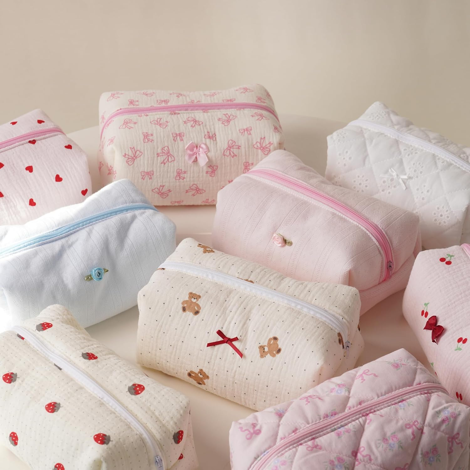 ZUNUONUO Handmade Quilted Cotton Makeup Bag for Women - Cute Cosmetic Pouch, Travel Toiletry & Make up Organizer, Coquette Aesthetic Skincare Bag, Travel Essentials, Embroidery White, Coquette image number 3