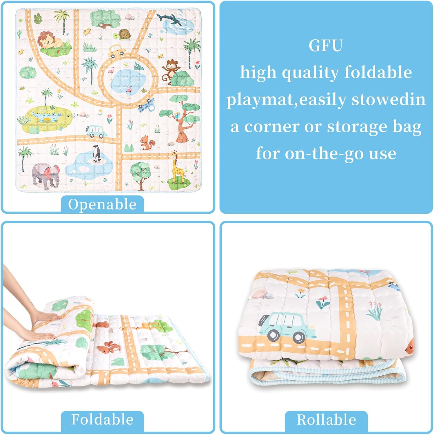 GFU Baby Play Mat, Foldable Square Baby Play Mats for Floor, Thicken Soft Non-Slip Cushioned Crawling Mat, One-Piece Infant Play Mat, 127X127 Cm