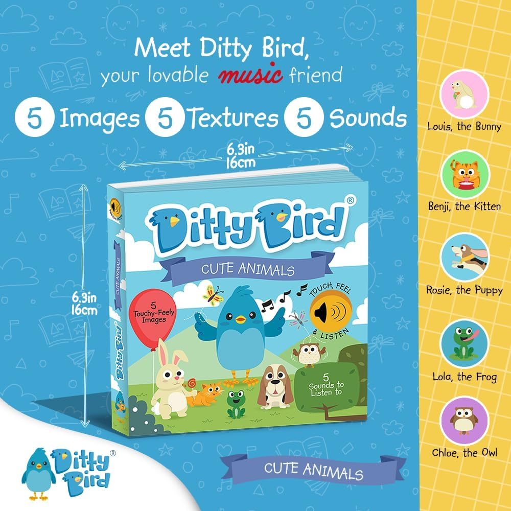 Ditty Bird Touch & Feel Animals Edition Musical Books | Fun Montessori Toys & Learning Resources | Sensory Toys for Kids | Interactive Toddler Books for 1 Year Old to 3 Year Olds | Sturdy Baby Book image number 2