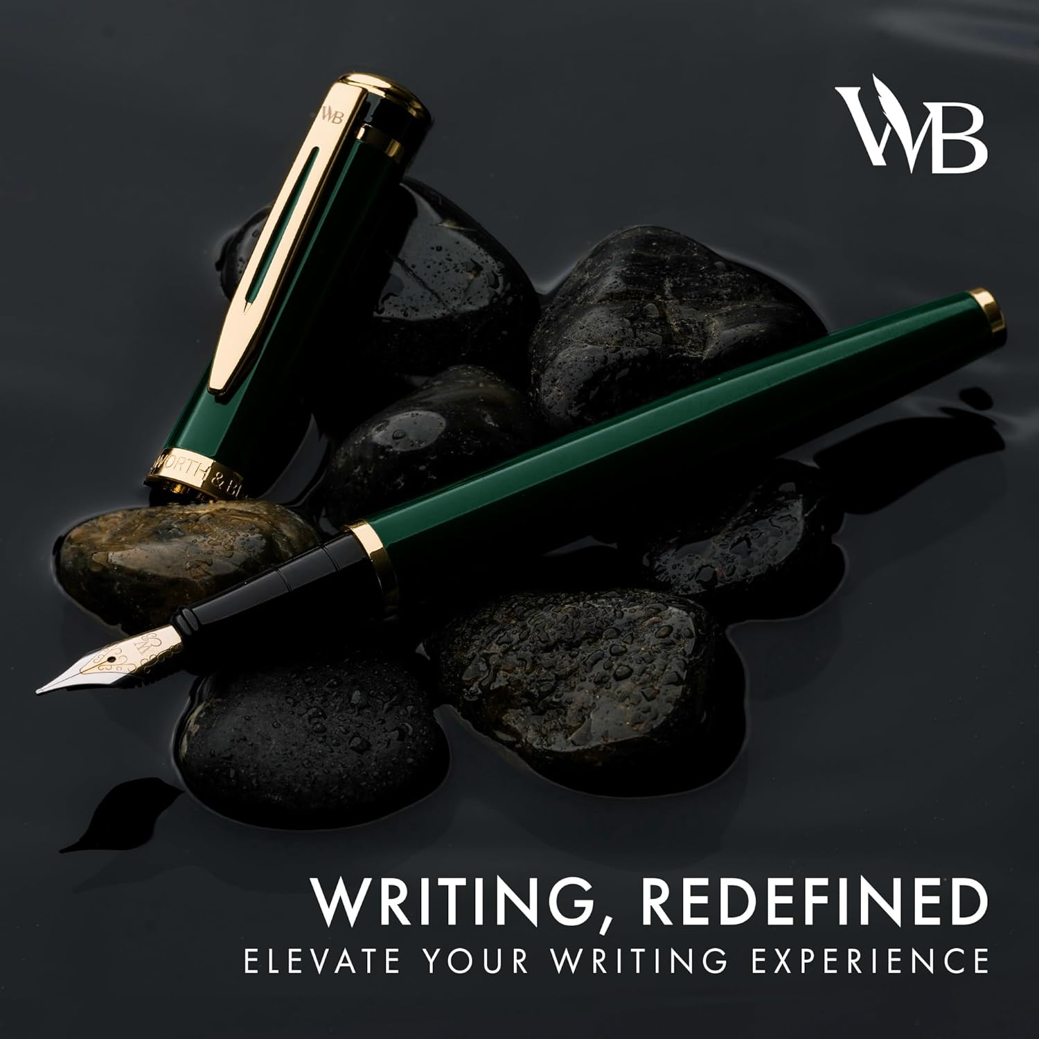 Wordsworth & Black Fountain Pen Set, 18K Gilded Medium Nib, Includes 24 Pack Ink Cartridges, Ink Refill Converter & Gift Pouch, Gold Finish, Calligraphy, [Racing Green Gold], Perfect for Men & Women image number 1