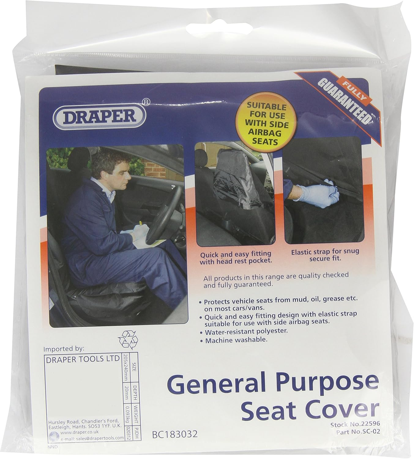 Draper Tools SC-02 Side Airbag Compatible Polyester Front Seat Cover