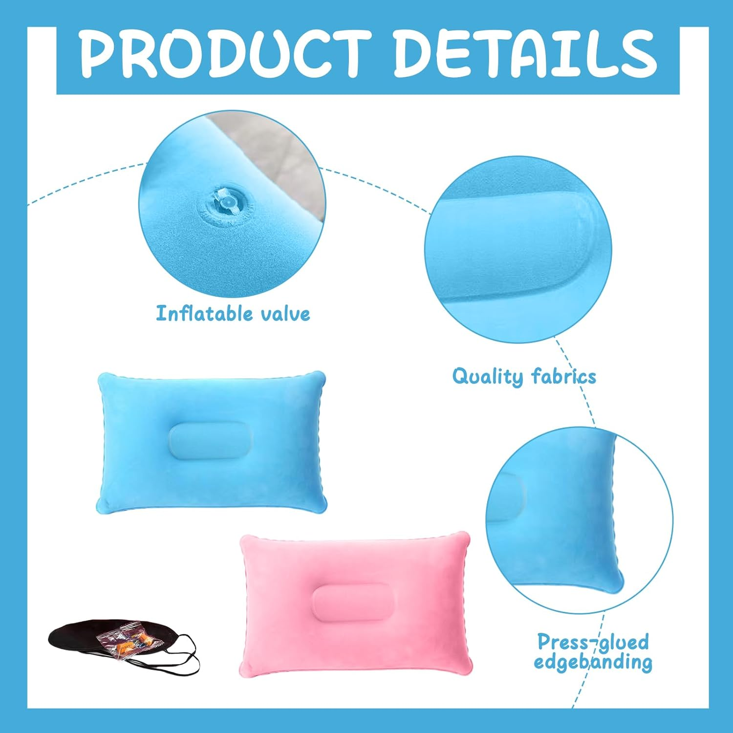 YSHIGUING 2Pcs Inflatable Pillow 34 * 22Cm, Soft Portable Beach Sunbed Pillow Air Inflatable Neck Pillow Water Resistant for Traveling Outdoor Fishing Airplane (Pink and Sky Blue)