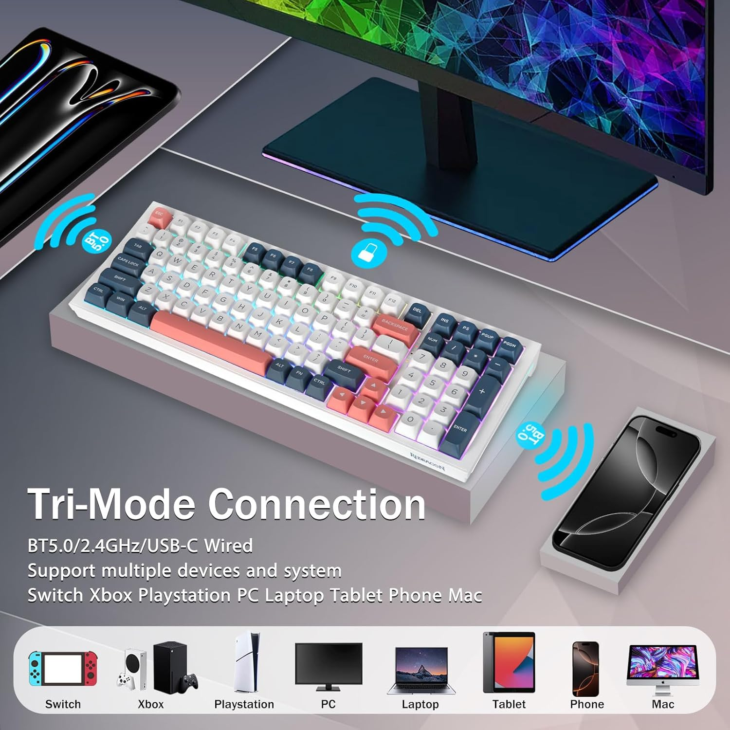 Redragon K723 Wireless Mechanical Gaming Keyboard, Hot Swappable Pre-Lubed Linear Switches, Gasket Design, Bluetooth/2.4Ghz/Usb-C, Creamy Sound, RGB Backlit for Pc/Mac/Ps/Xbox, White Blue - White-Grey image number 4