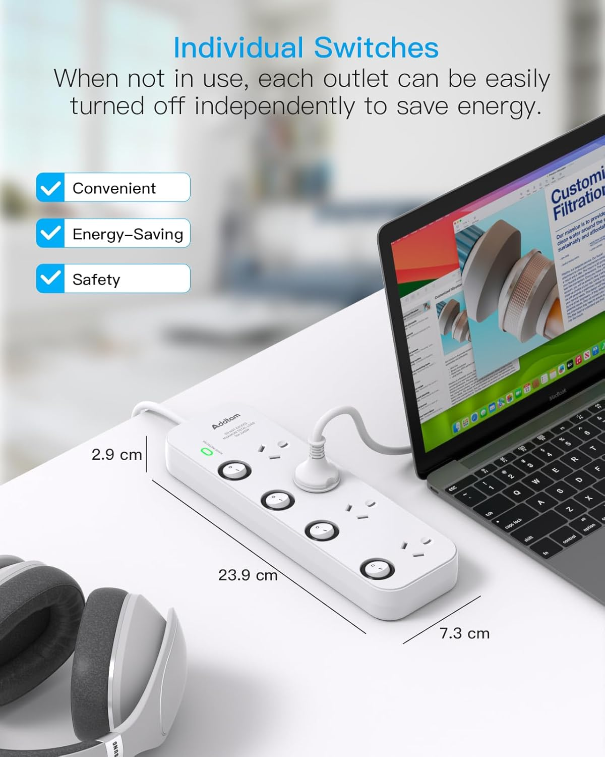 Power Board Surge Protected with Individual Switch, Powerboard with 4 Wide Spaced AC Outlets, 1M Extension Cord for Home Office Desk, Overload Protection, 350 Joules image number 5