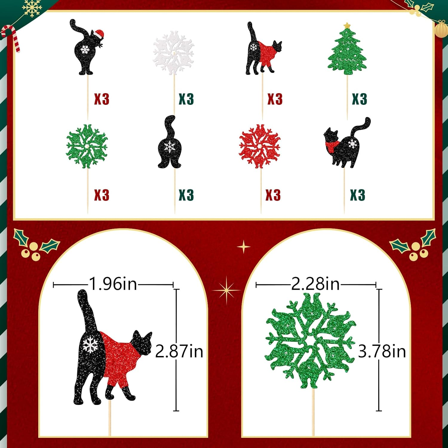 Black Cat Christmas Cupcake Toppers, Christmas Cat Party Decorations, Meow Christmas Party Decor, Christmas Cupcake Toppers for Cat Lovers, 24Pcs