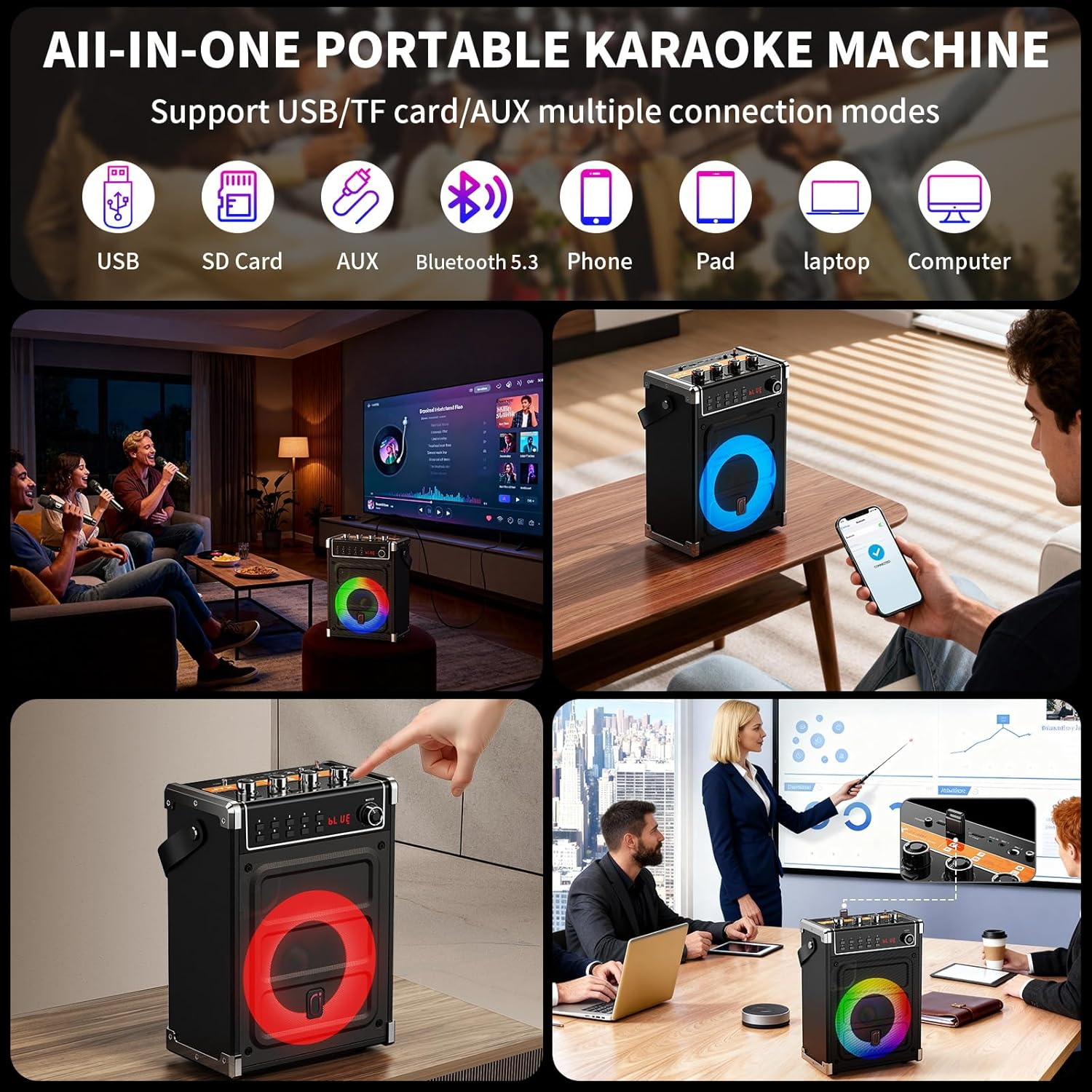 Karaoke Machine with 3 Wireless Microphones for Adults, Portable Bluetooth Karaoke Speaker with Bass/Treble Adjustment, PA System with Echo Effect, Support TF Card/Usb/Aux/Fm/Rec/Tws (Black 2 Mics) image number 4