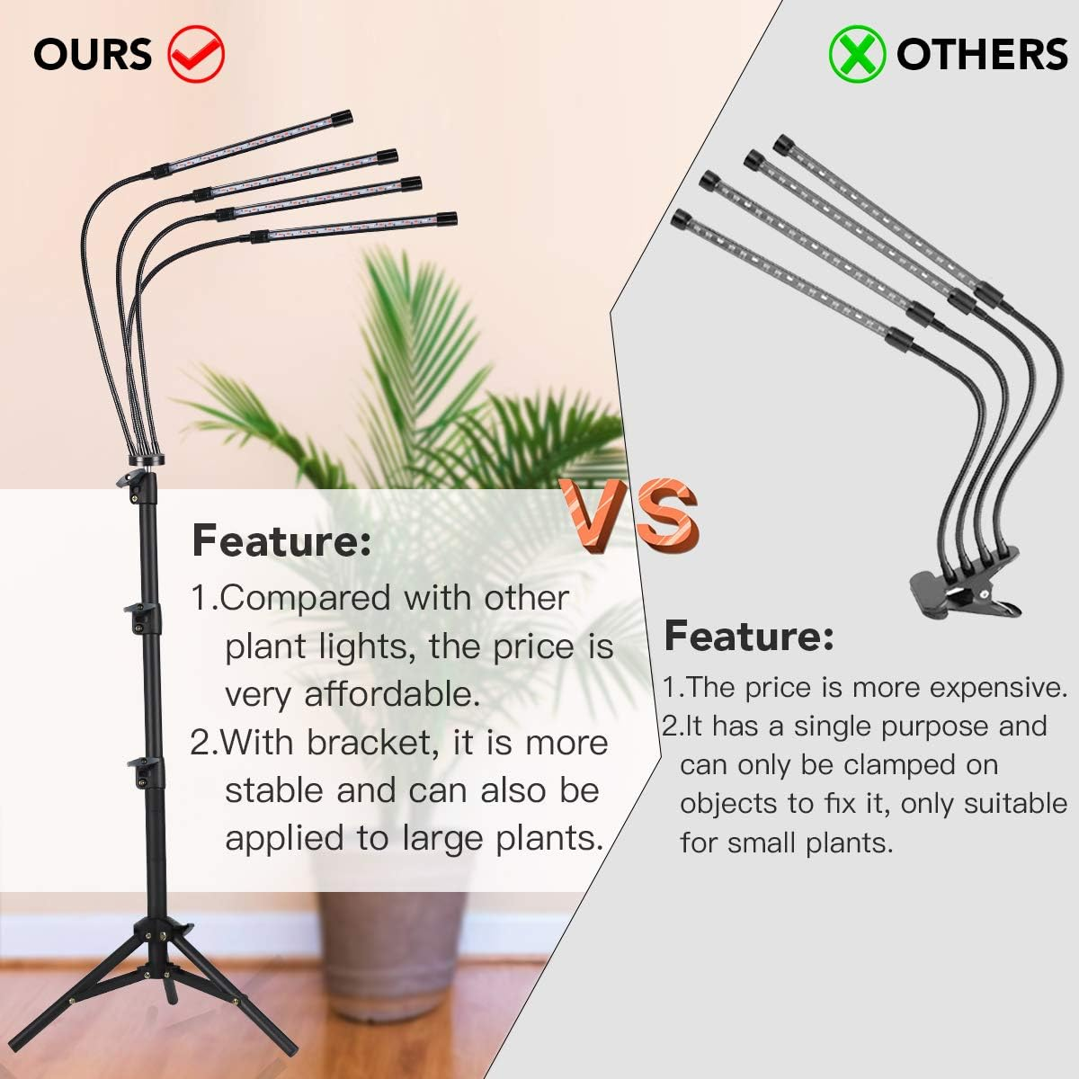 Ghodec Grow Light with Stand, 5500K Full Spectrum Gooseneck Floor Plant Light for Indoor Plants Growing,5 Dimmable Levels & Auto On/Off Timer,Tripod Stand Plant Lamp Height Adjustable image number 2