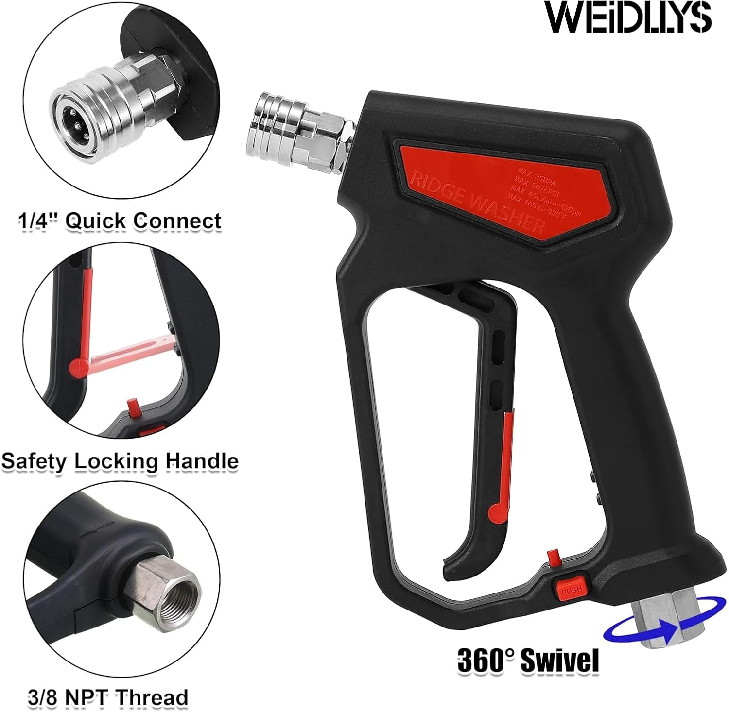 Weidllys Pressure Washer Gun 5000 PSI, 12 GPM, High Pressure Spray Gun with 1/4" Quick Connector, 3/8'' Quick Connect, M22-14 Mm and M22-15 Mm Fitting