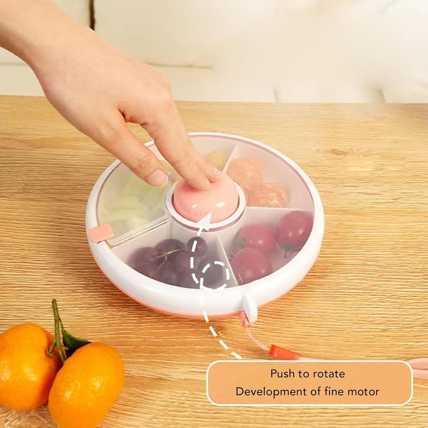 Rotating Kids Food Box, 360&deg; Rotating Snack Bundle, Reusable Snack Container with 5 Compartment Dispenser and Lid, No Spill, Leakproof, Dishwasher Safe, for Home, Travel (Green) - Roseate image number 4