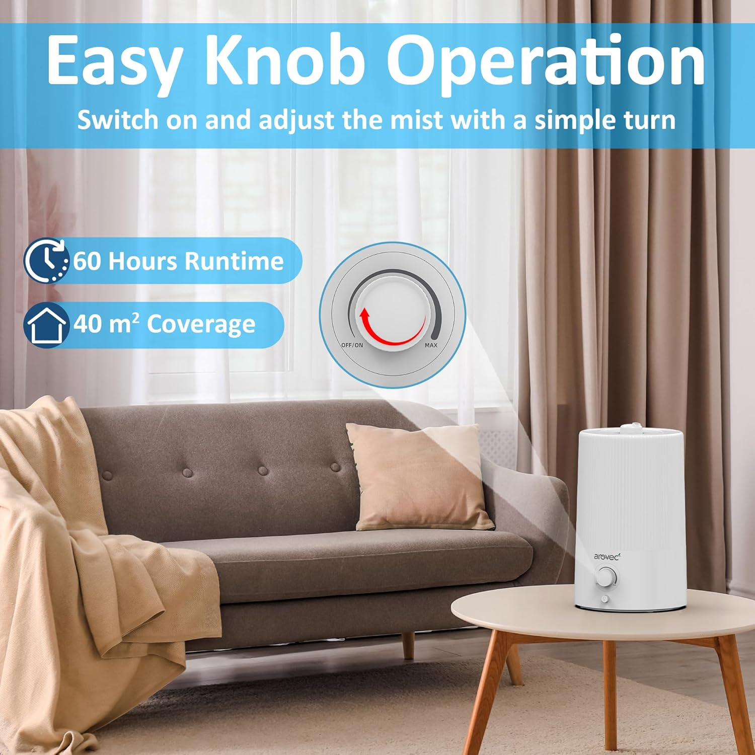 AROVEC Air Humidifier 4L Top-Fill & Essential Oil Diffuser for Bedroom, Baby Room with Night Light, Cool Mist for Home, Office & Indoor Plants, Auto-Off, 360&deg; Rotation Nozzle up to 40 ㎡ image number 3