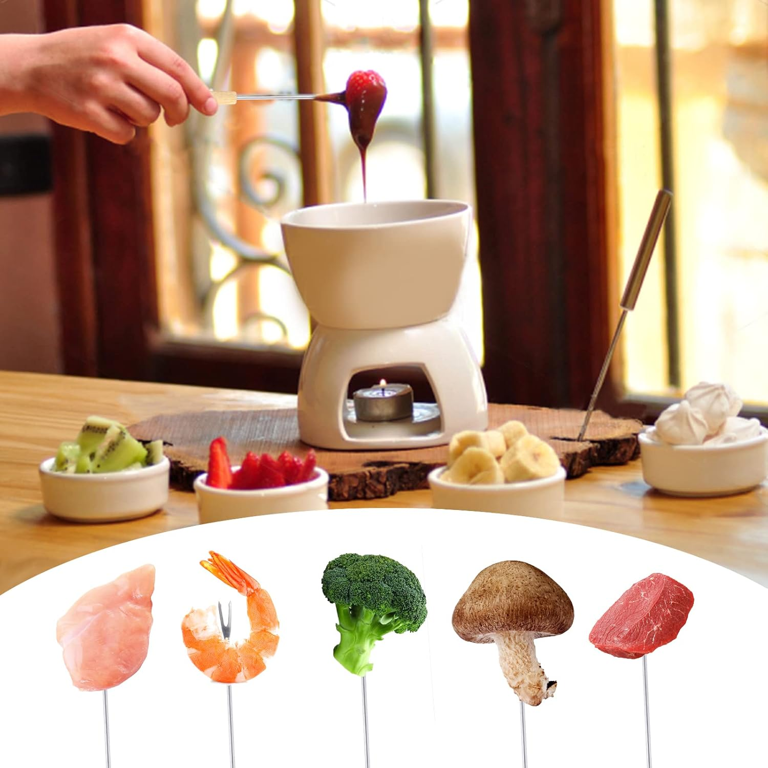 24 Pack 9.6 Inch Stainless Steel Fondue Forks, 12 Wood Handles and 12 Stainless Steel Handles, Heat Resistant Smores Sticks for Roast Meat Chocolate Dessert Cheese Marshmallows (6 Colors) image number 1