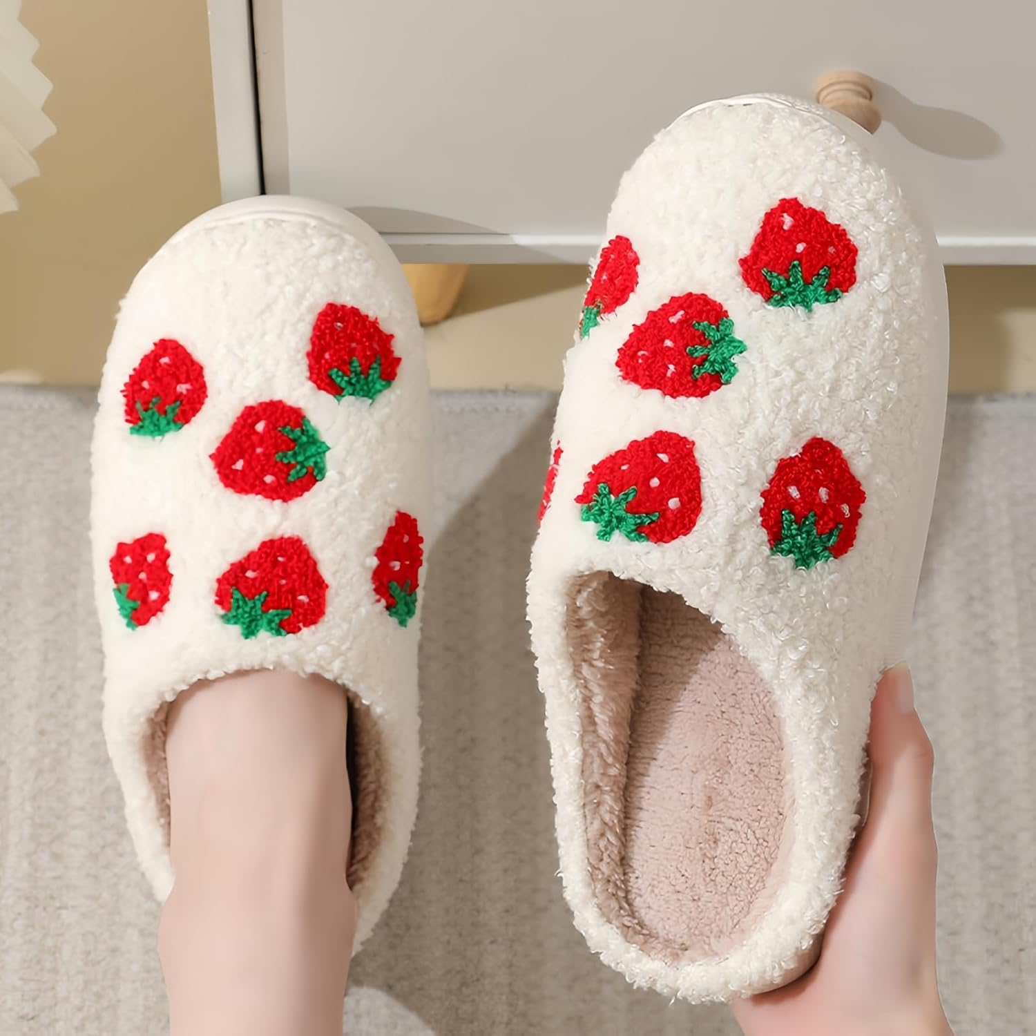 GEBUFAW Fluffy Cherry and Strawberry Slippers Cozy Fuzzy Indoor Shoes for Women and Men Cute Fruit House Slippers Gift