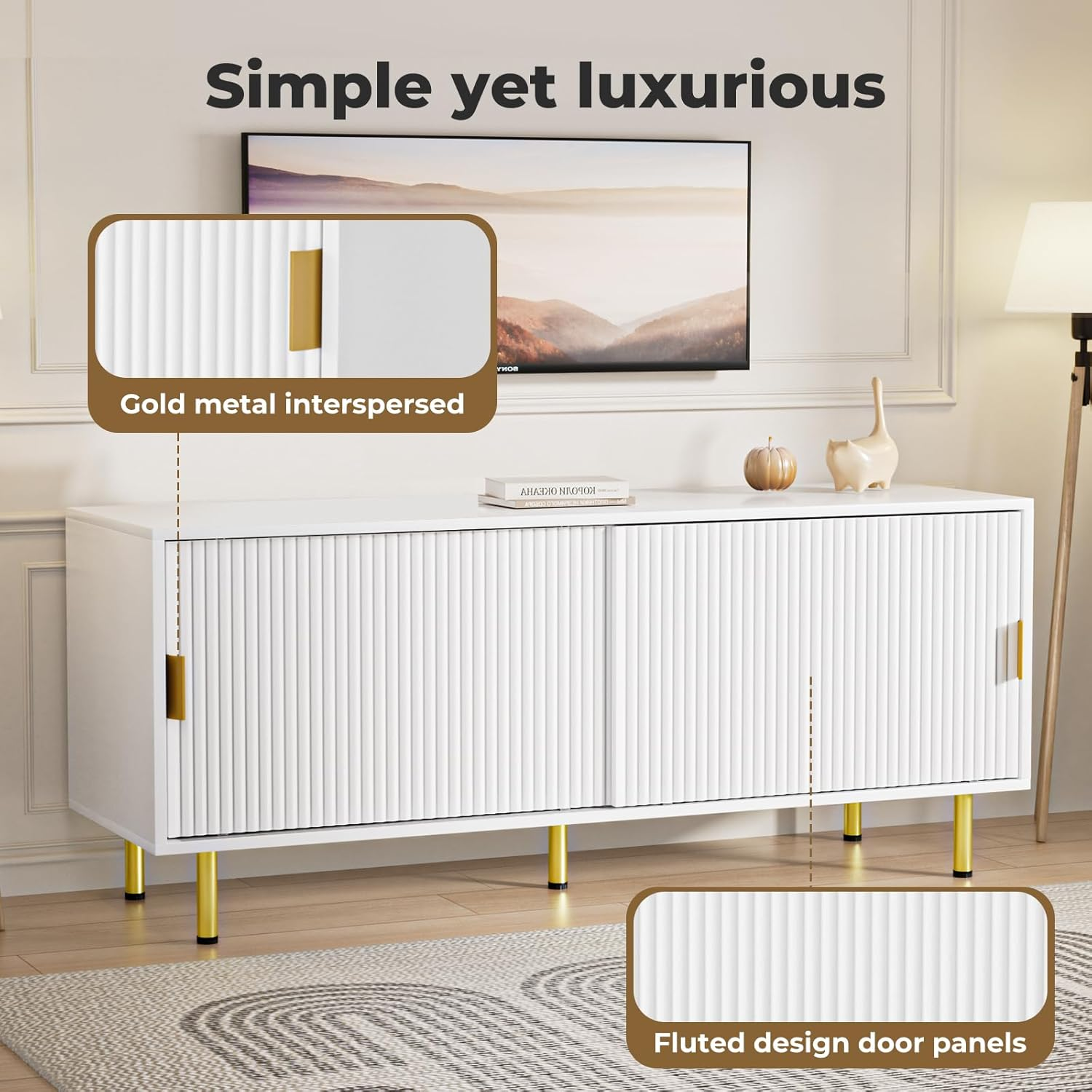 Levede TV Cabinet, 120Cm Entertainment Center TV Unit Stand with 2 Sliding Door, TV Console Table with 2 Storage Cabinets, Media Cabinet for Living Room, Bedroom and Office,Gold Leg, Handle,White image number 5