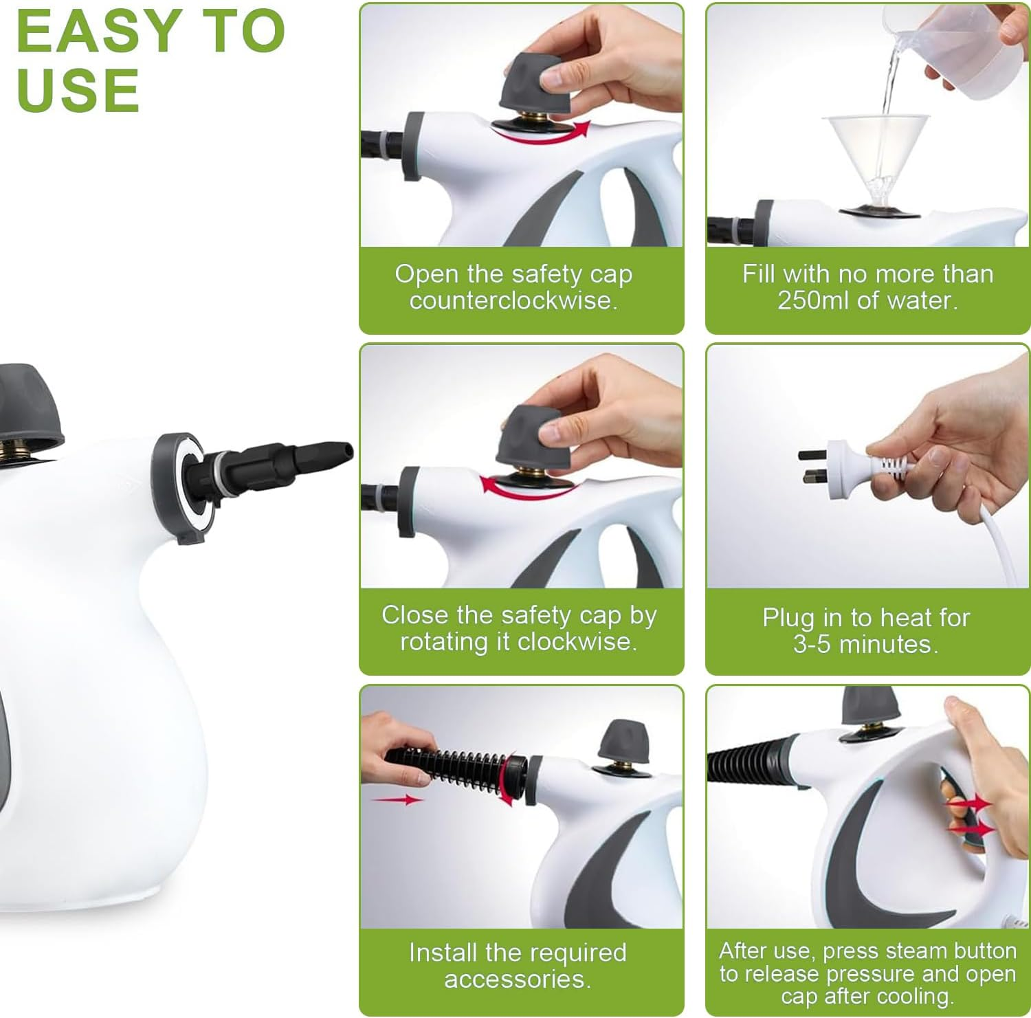 Handheld Steam Cleaner, Multi-Purpose High-Pressure Steam Cleaner, 9-Piece Accessory Set for Home, Kitchen, Upholstery & Car Detailing, Steamer for Cleaning, Fast Heating image number 6