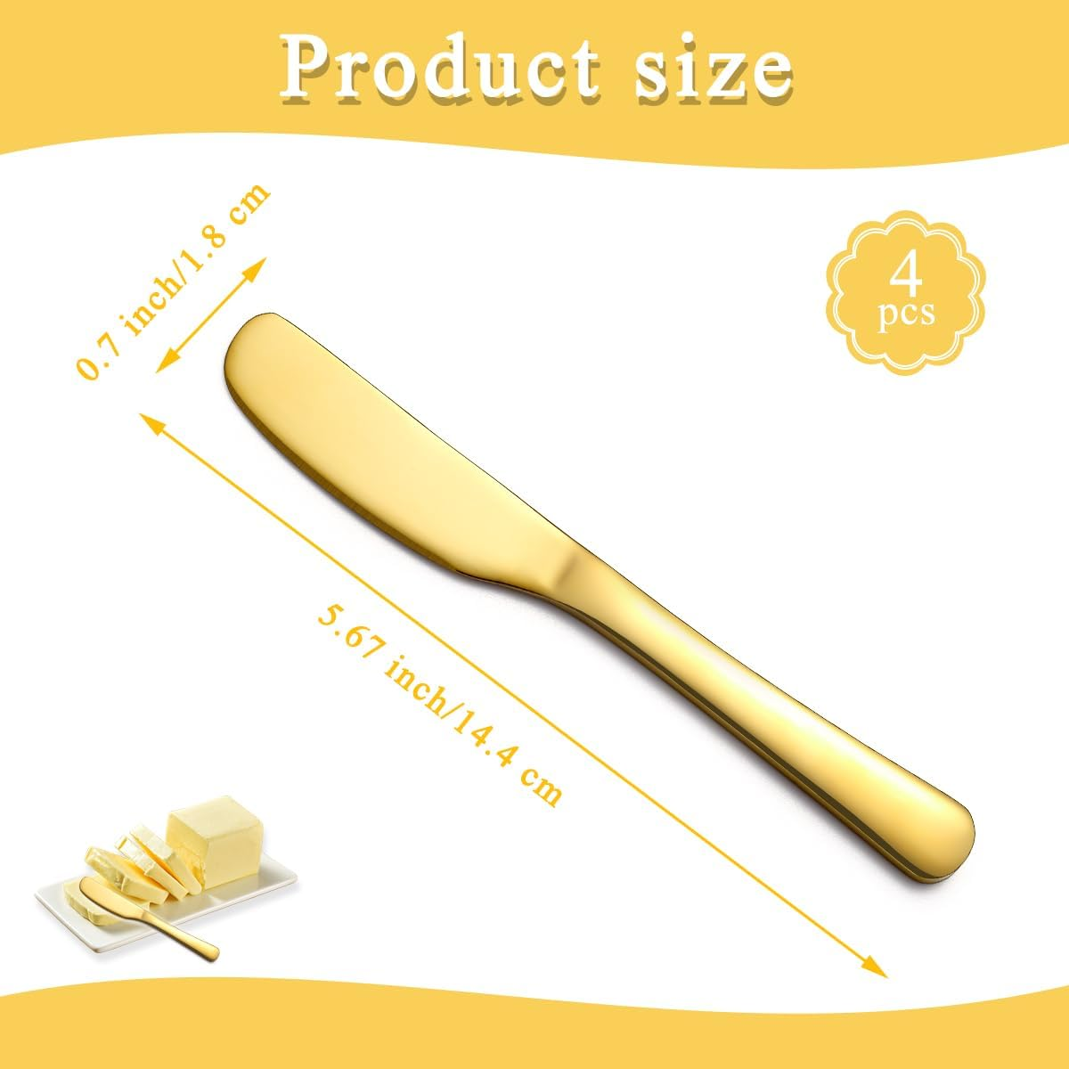 Homquen Stainless Steel Butter Knife, Gold Butter Knife,Butter Application Knife Can Be Used in Kitchen, Dining Set, Kitchen Gadgets, 4 Pieces Set - Golden image number 2