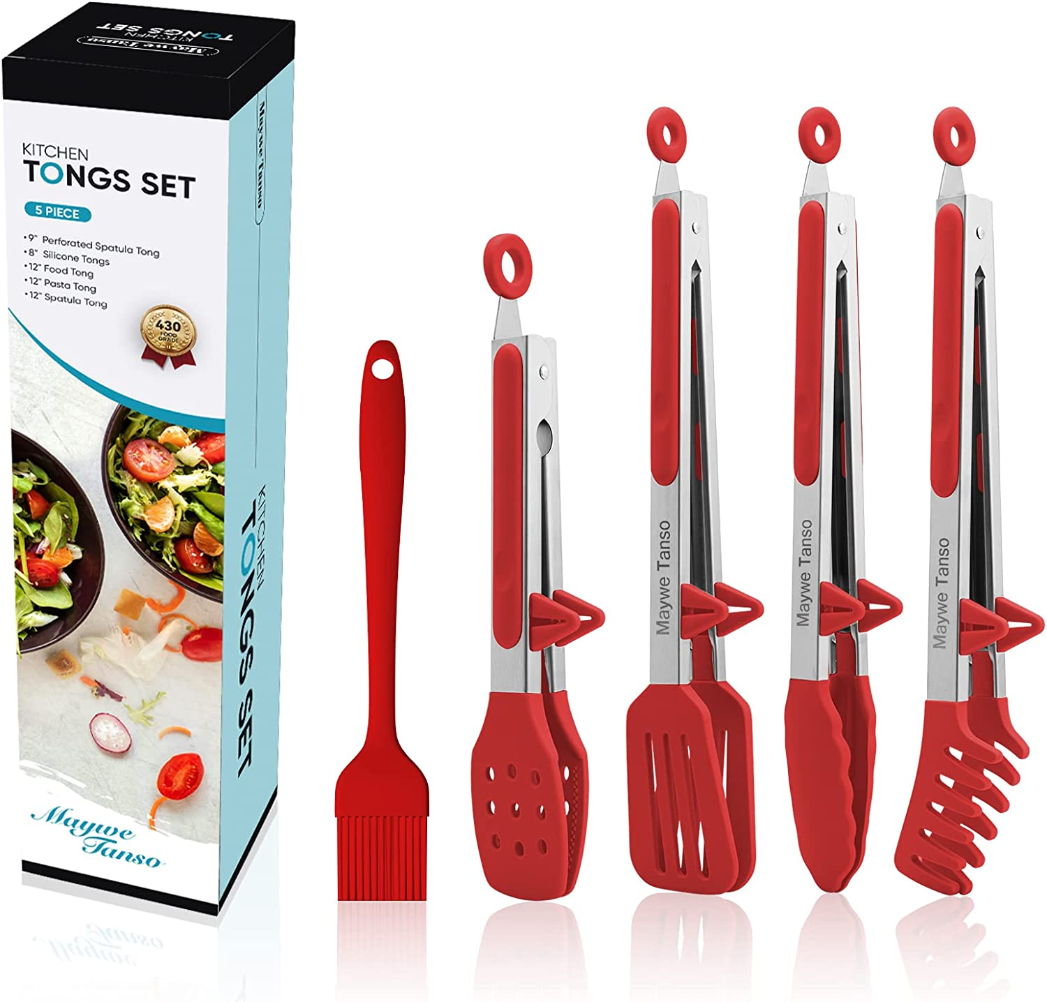 5-Pack Silicone Tongs for Cooking,Maywe Tanso 4PCS 13-Inch Cooking Kitchen Tongs with Silicone Tips,Nonstick Stainless Steel Tongs for Steak Pie Pizza Pasta Spaghetti Salad BBQ Buffet,Plus Brush