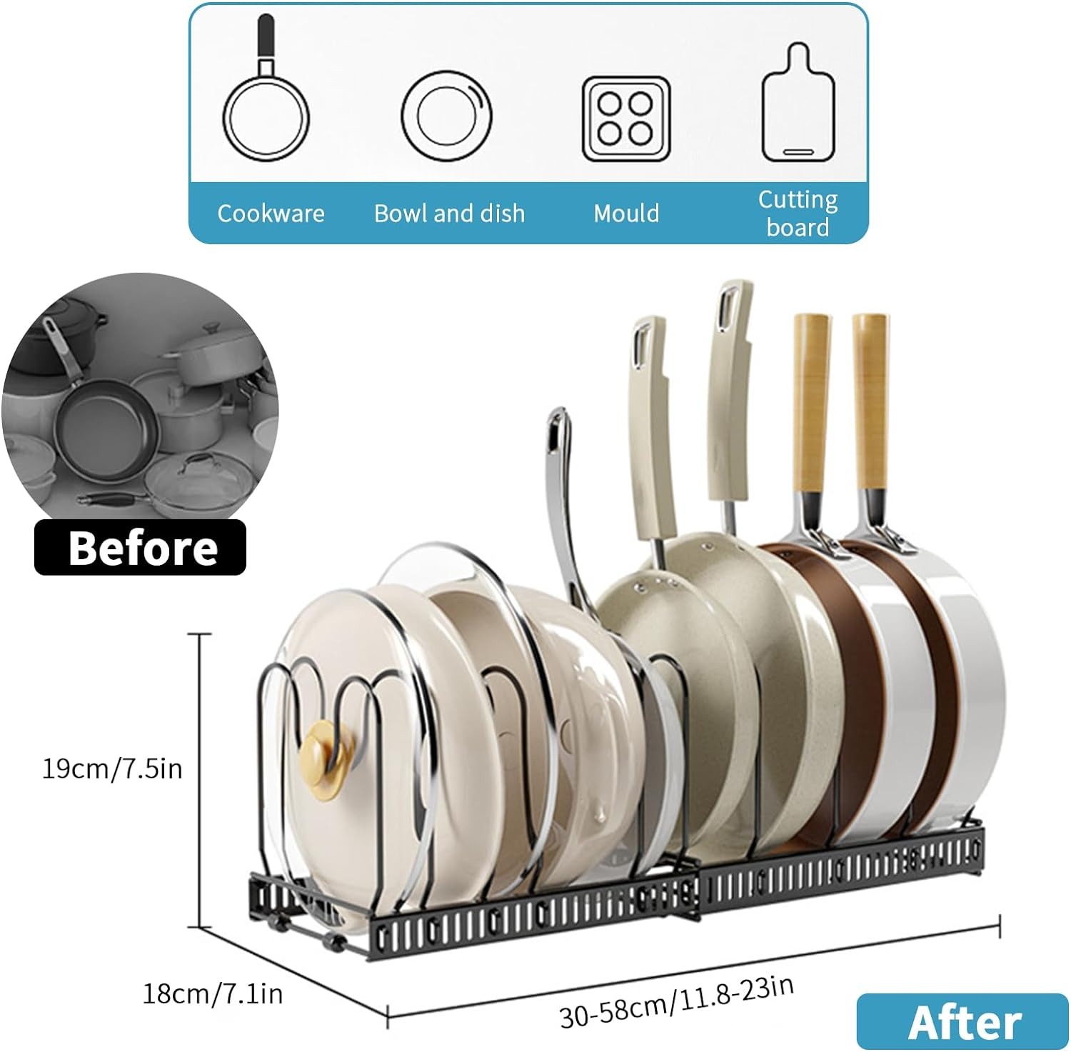 Expandable Pans Organizer Rack,10 Adjustable Compartments Pot Rack Organizer Bakeware Lid Organizer Rack Holder for Kitchen Cabinet Pantry Restaurant,Black image number 6