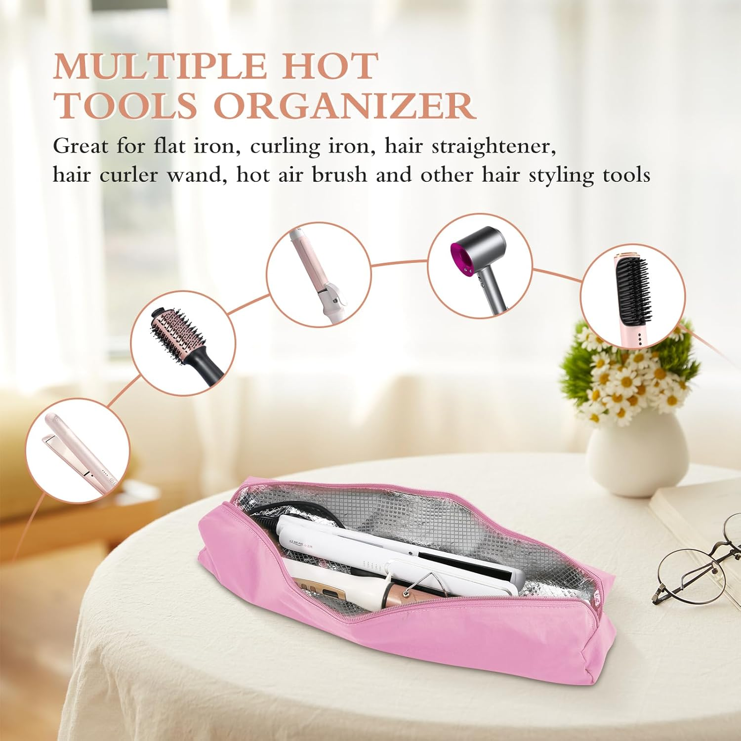Suafrnut Professional Hot Hair Tools Organizer Bag Portable Travel Heat Resistant Storage Case Pouch for Curling Irons, Flat Irons, Hair Straightener and Styling Tools(17.7" X 3.2"X 3.2"), Pink - Pink image number 3