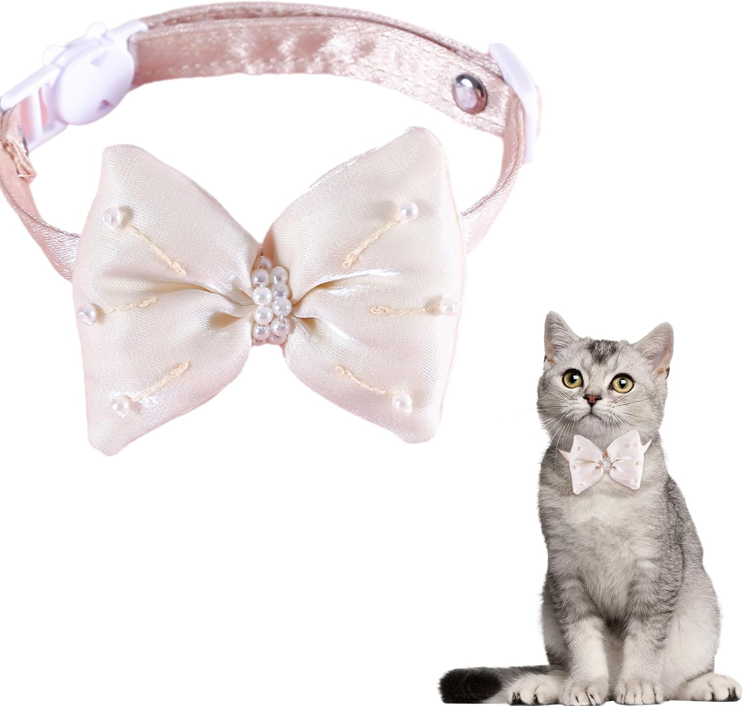 PLUSHCEWT Bow Cat Collar Pet Pearl Bow Collar Double Satin Soft Kitten Collars Quick Release Safety Cat Collars Elegance Adjustable Cats Collar ((White))