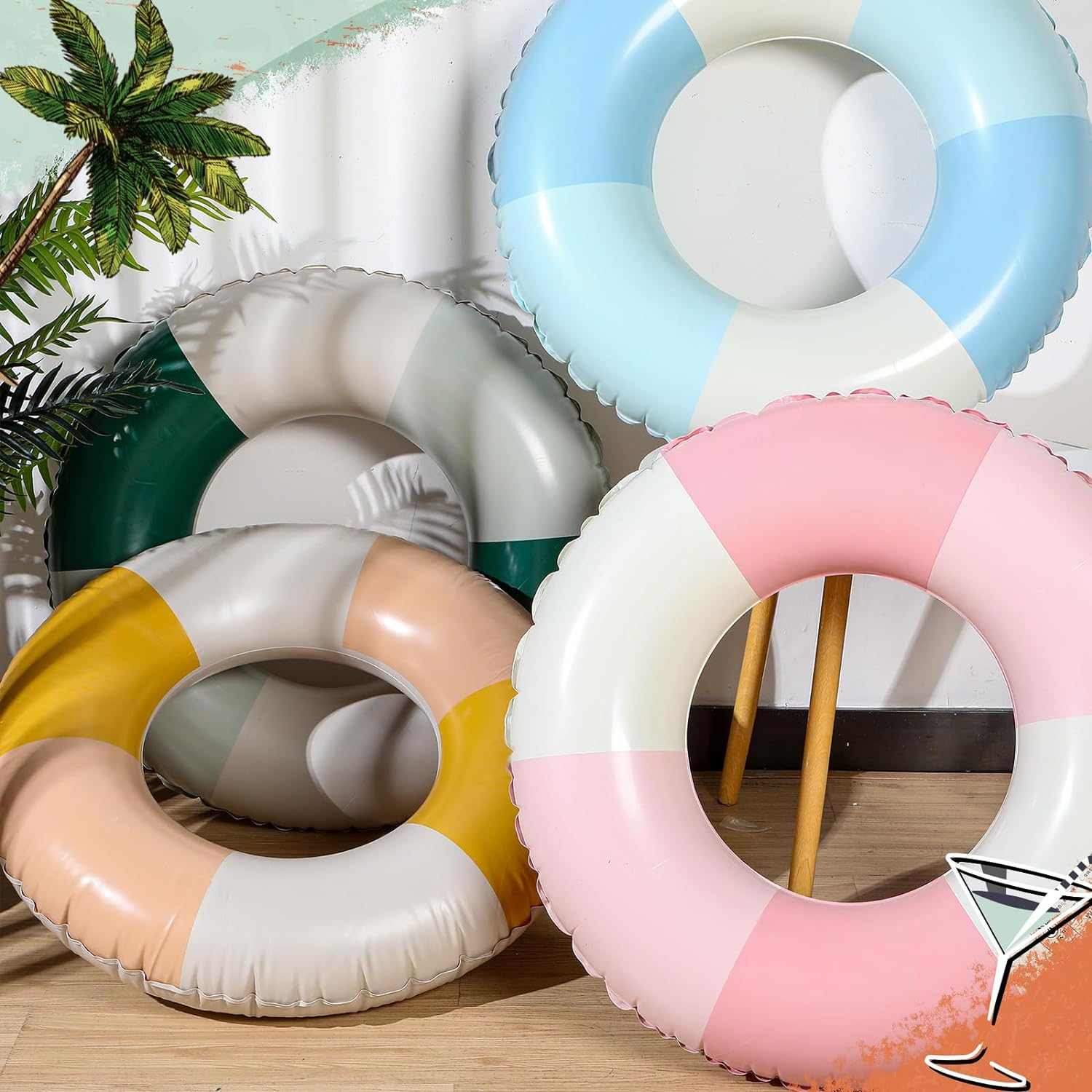 Wettarn 4 Pcs Pool Tubes with Fun Prints, Inflatable Floats Swimming Toys, Classic Striped Inner Tubes for Pool, Bachelorette Pool Floaties for Summer Beach Party Decor image number 1