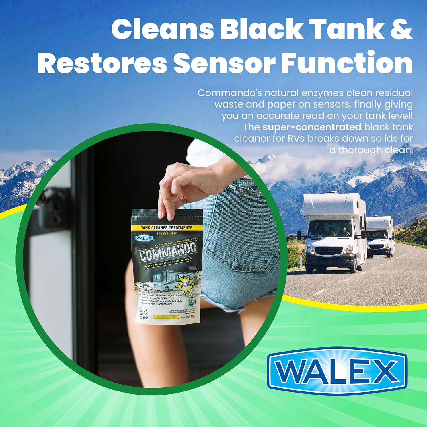 Walex Commando RV Black Holding Tank & Sensor Cleaner - Eliminates Waste & Paper Buildup, Restores Sensor Function, Lubricates Valves & Seals, Advanced Enzyme Formula; Dissolvable Packets, 4 Count image number 4