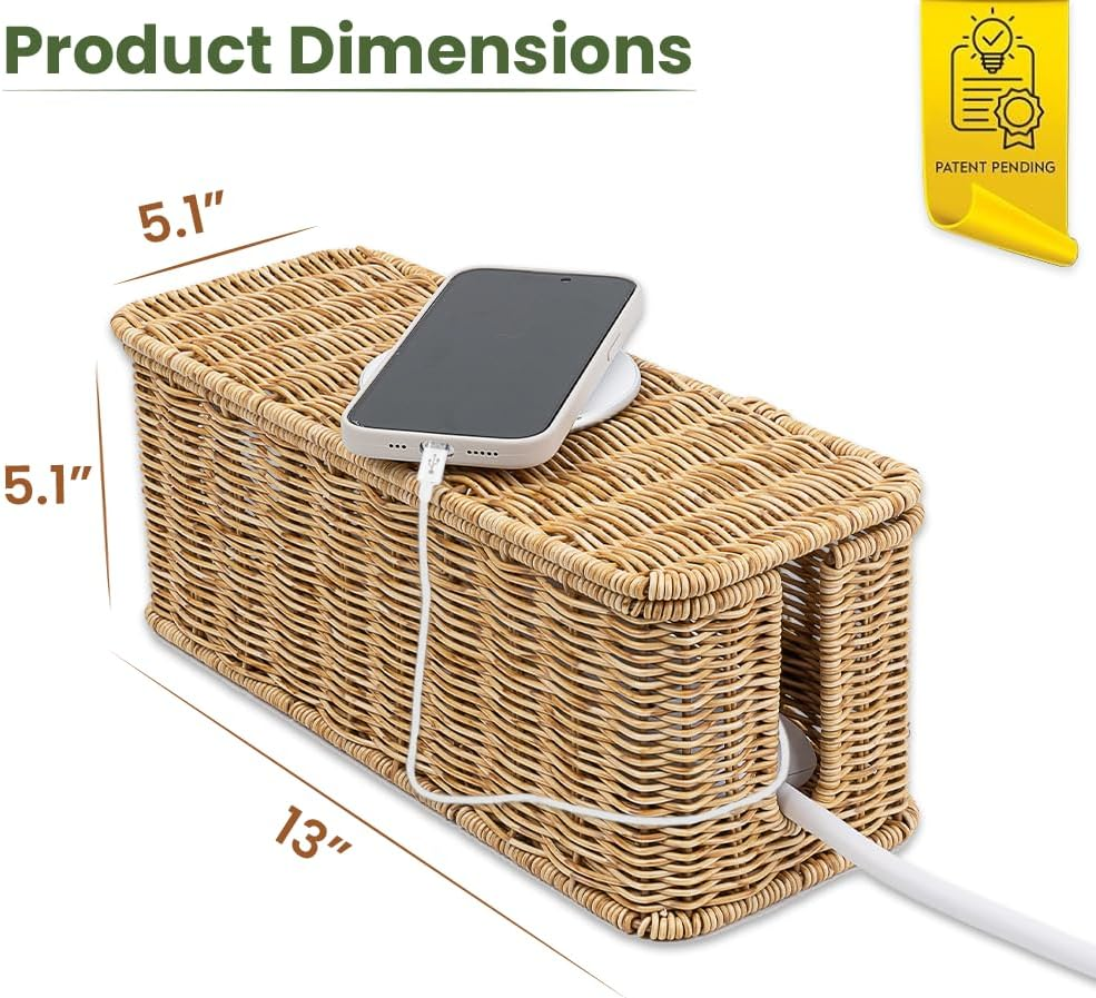 Cable Management Box, Handmade Rattan Cable Organizer, 2 Open Slots Cords Hider Box, under Desk Cord Organizer for Computer Router USB Hub & Power Strip, Patent Pending, 13" X 5.1" X 5.1", Natural image number 2