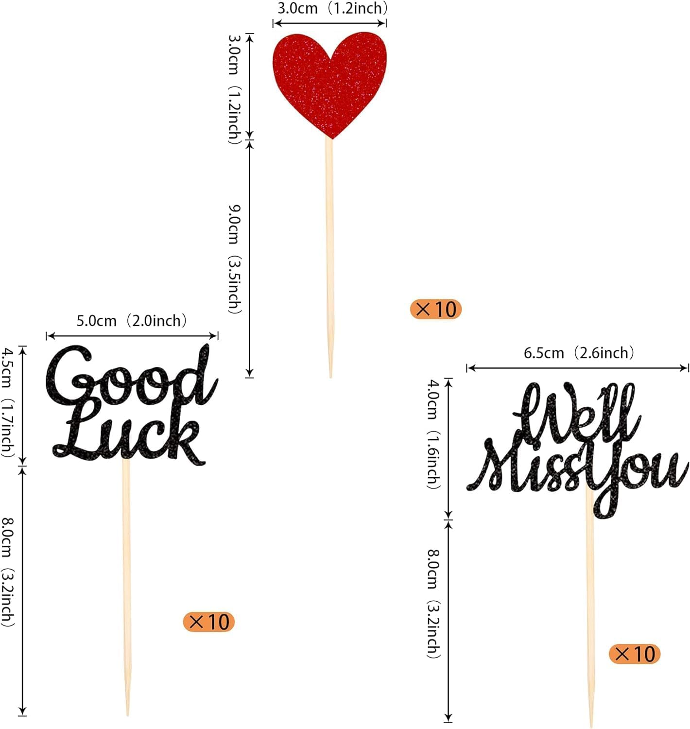 24 Pack We Will Miss You Cupcake Toppers Glitter Red Love Heart Good Luck Cupcake Picks Retirement Theme Going Away Party Cake Decorations (Black) image number 4