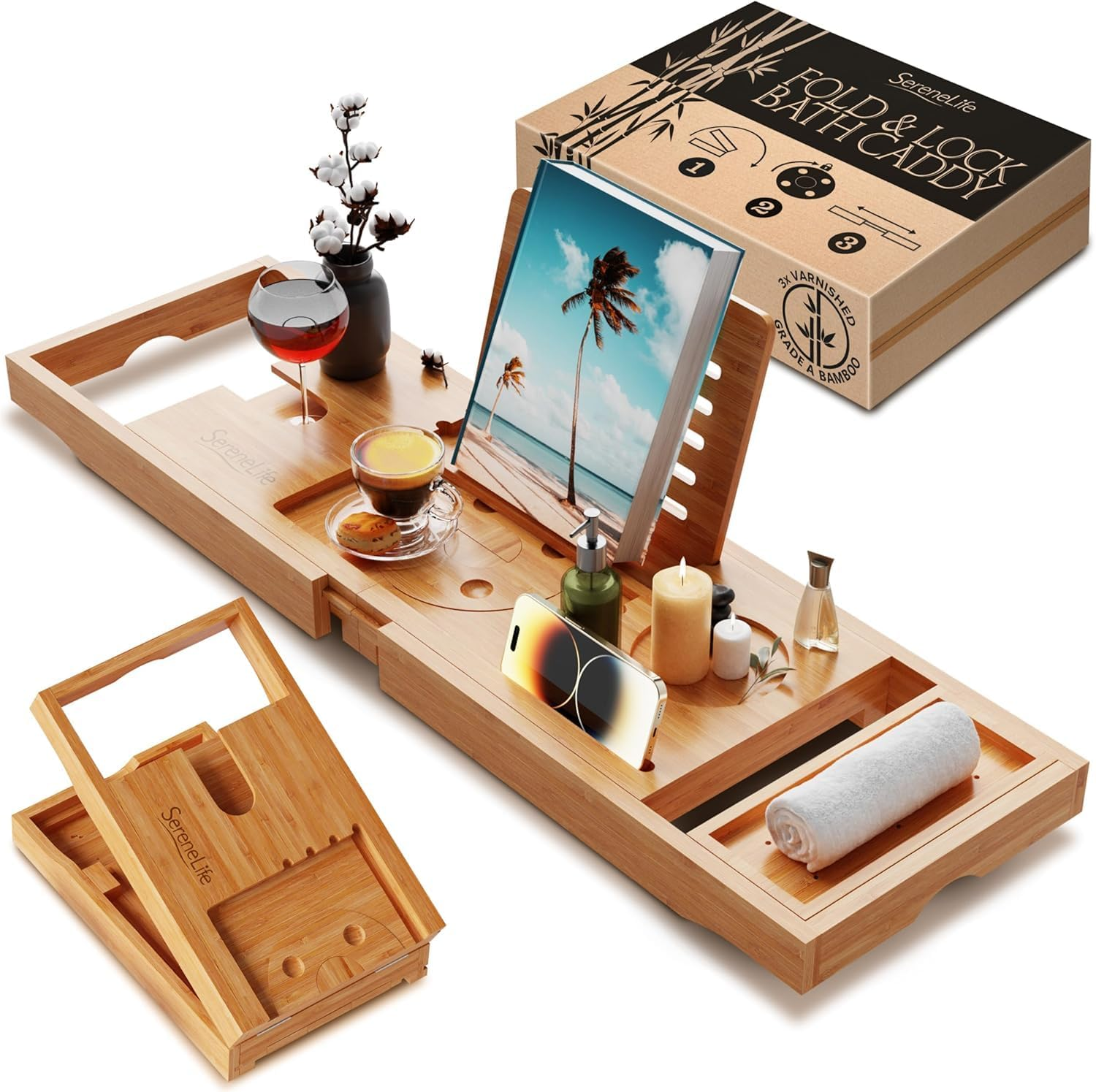 Serenelife Bamboo Bathtub Caddy with Luxury Gift Box and Red Gifting Ribbon Extendable & Adjustable Tray with Device/Book Holder with Removable Trays for Bath Accessories (Stain Brown)