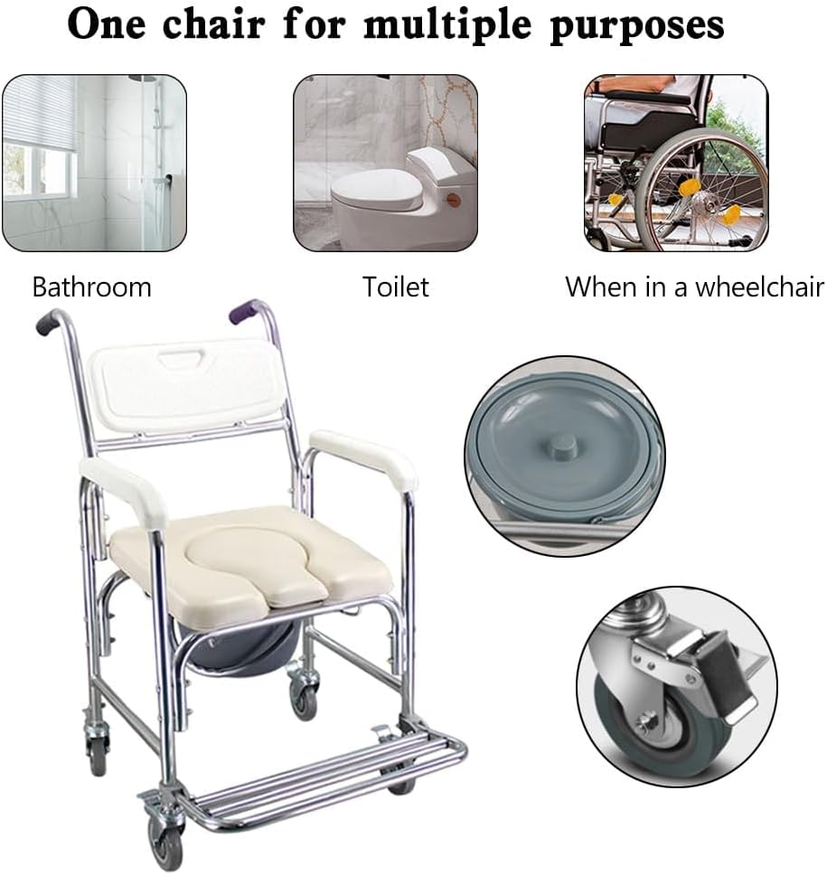Toilet Seat with Wheels and Cushion; Folding Aluminum Shower Chair for Elderly, Disabled and Pregnant People, Load Capacity 150 Kg image number 2
