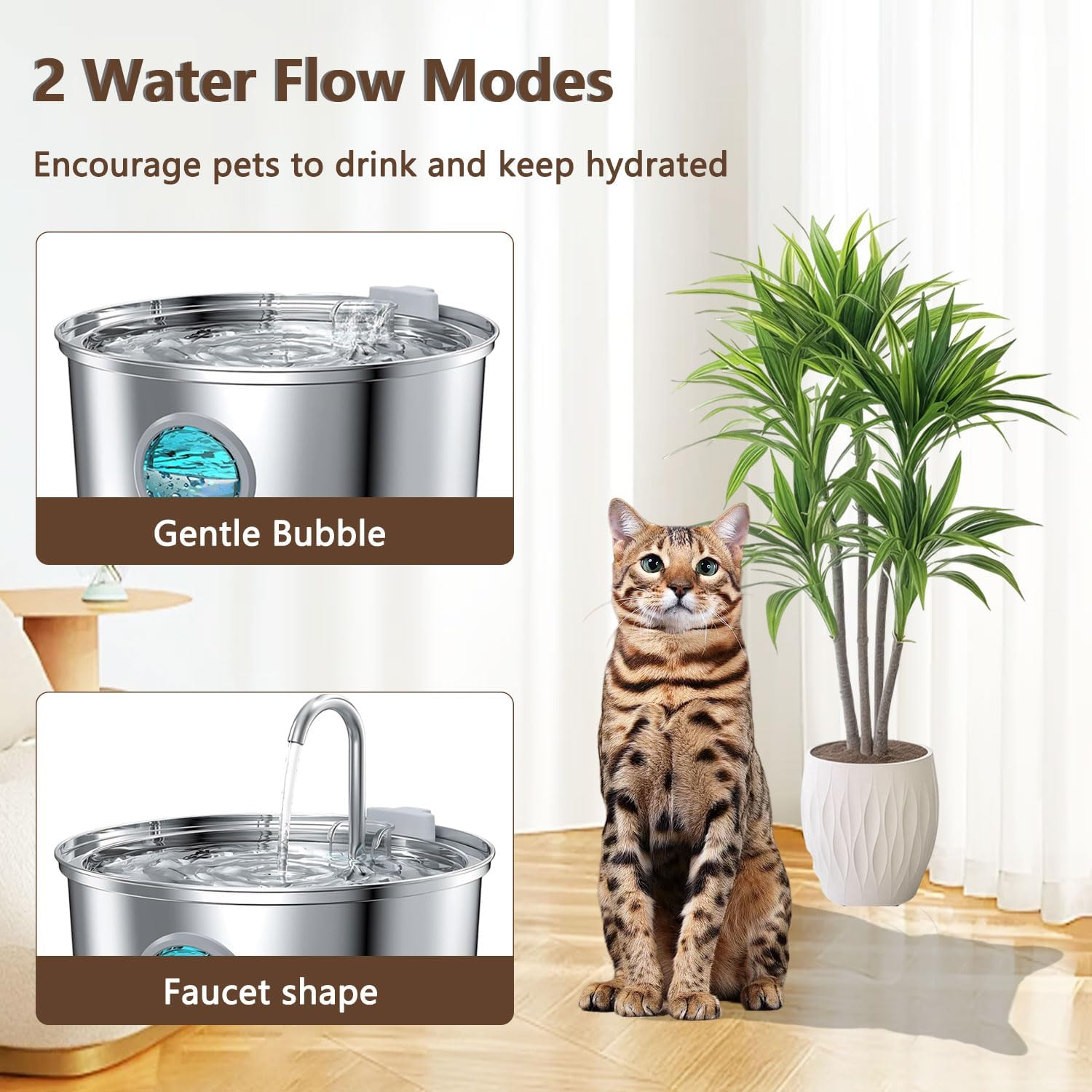 Bemuiz Cat Water Fountain：3.2L Automatic Stainless Steel Pet Water Fountain for Cats Indoor- Water Dispenser Bowl for Dogs Drinking with Quiet Pump and LED Light Water Level Window image number 5