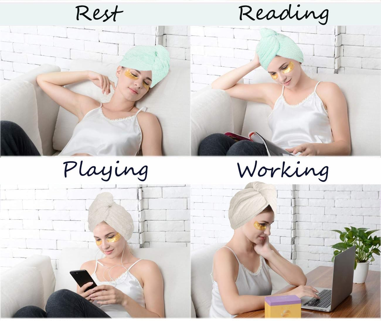 2PCS Microfiber Hair Towel - Super Absorbent Hair Turbans for Wet Hair- anti Frizz Head Towels Wrap - Drying Towels with Button for Long Curly and Thick Hair (Green+White) image number 3