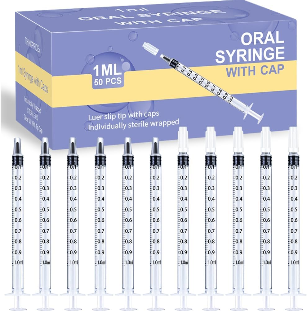50 Pcs 1Ml Syringes with Caps Oral Dispenser Individually Sterile Warpped for Medicine Dropper, Colostrum Collect Feeding Pets, Liquid image number 2