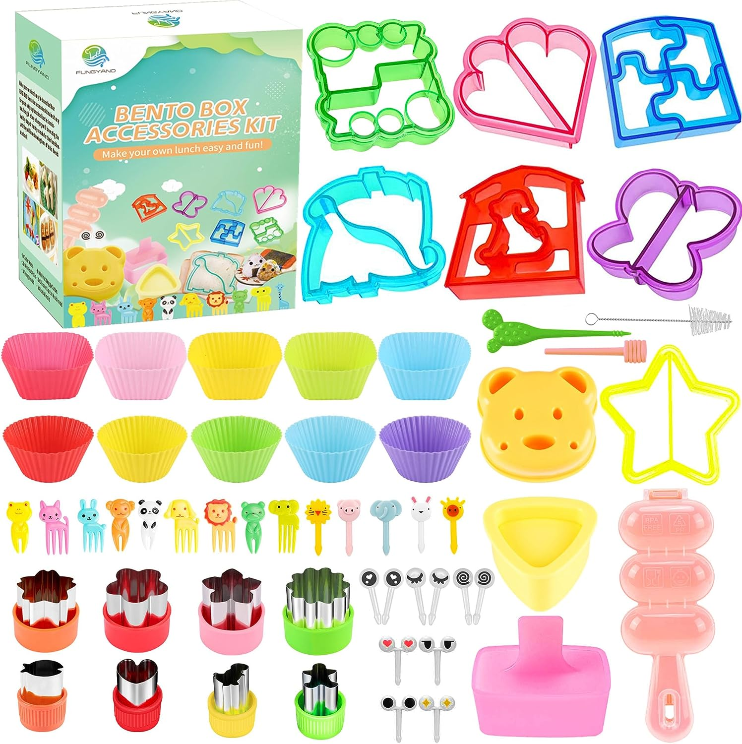 FUNGYAND Sandwich Cutter Set, 52 in 1 Bento Box Accessories Kit Includes Sandwich Cutters, Fruit Cutter, Food Picks, Silicone Cups, Musubi Maker, Rice Ball Maker, Complete Bento Lunch Box Supplies image number 1