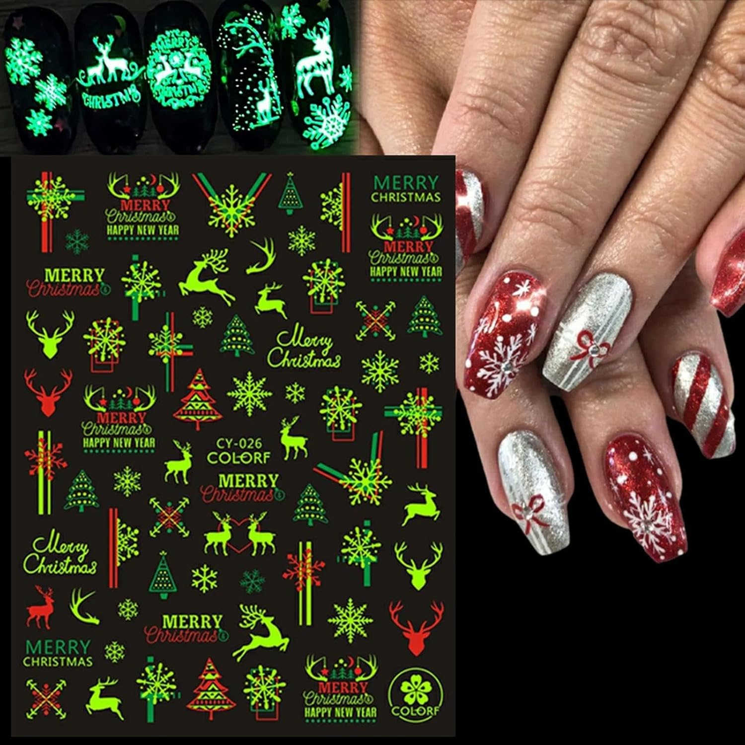 Luminous Christmas Nail Stickers, Glow in the Dark Nail Art Designs for Festive Nails, 3D Self-Adhesive Nail Decals for Women and Girls - 9 Sheets, Abvian image number 1