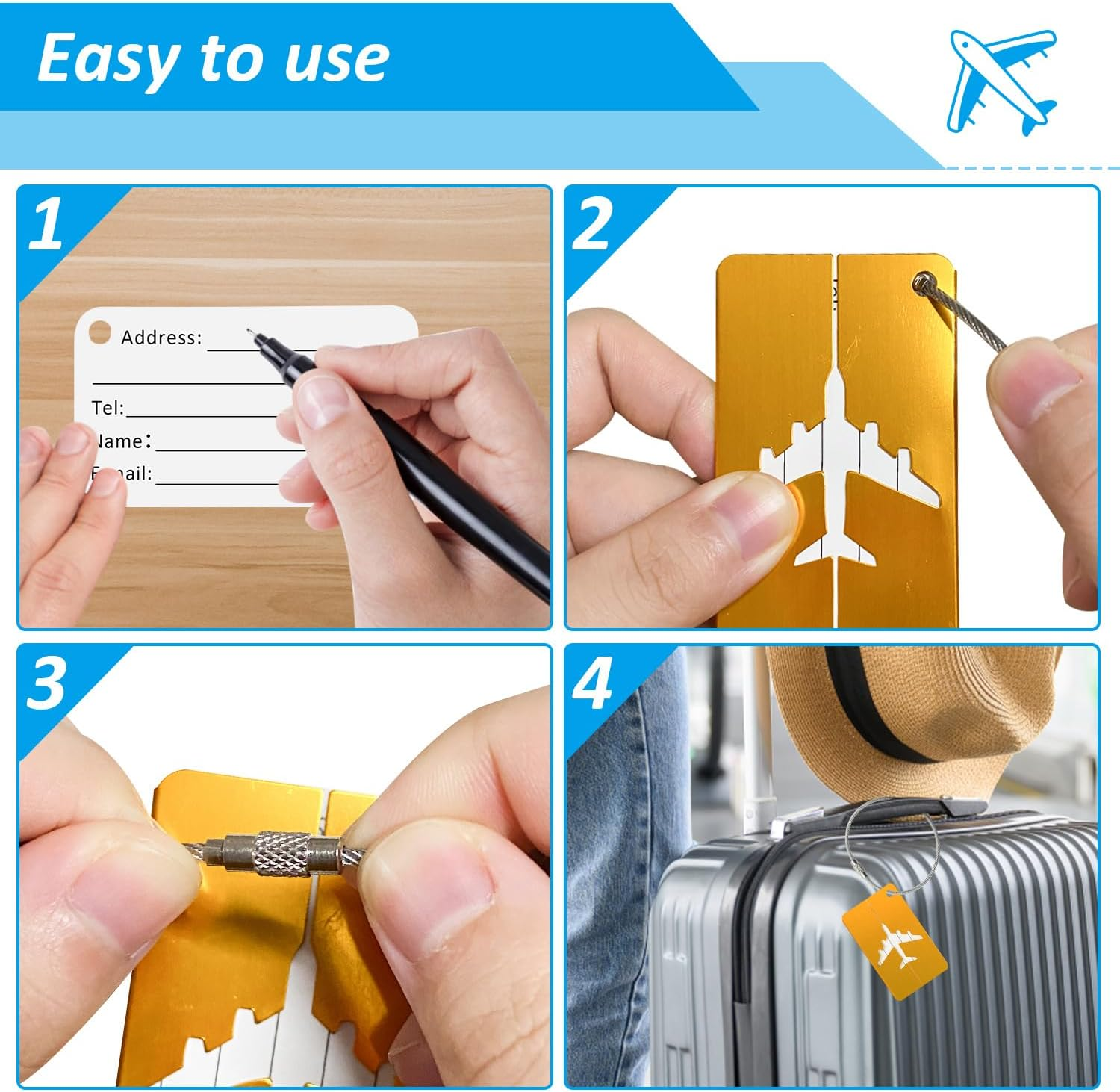 Luggage Tags for Suitcases Aluminum 6 Pack with Stainless Steel Loop, Suitcase Tags with Name ID Card Perfect to Quickly Spot Travel Essentials Backpacks Bags Baggage image number 1