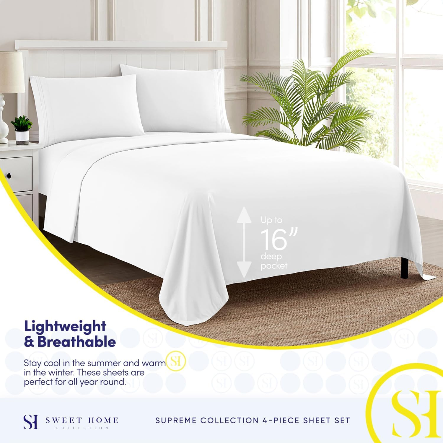 Split King Sheets - Breathable Luxury Sheets with Full Elastic & Secure Corner Straps Built in - 1800 Supreme Collection Extra Soft Deep Pocket Bedding Set, Sheet Set, Split King Size, White image number 5