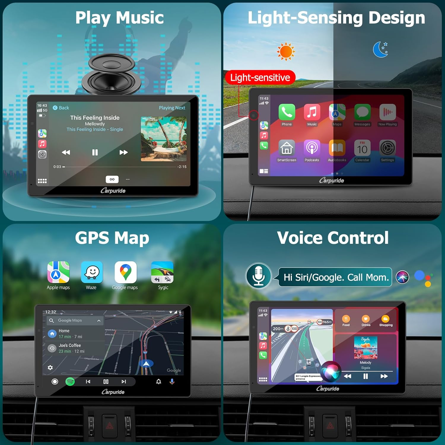 Carpuride W703 Portable Wireless Carplay & Android Auto with Dash Cam-7" HD IPS Screen, 4K Front Cam & 1080P Backup Cam, Loop Recording,Bluetooth,Mirror Link,Gps,Siri,Play Music,Dashboard Mounted image number 3